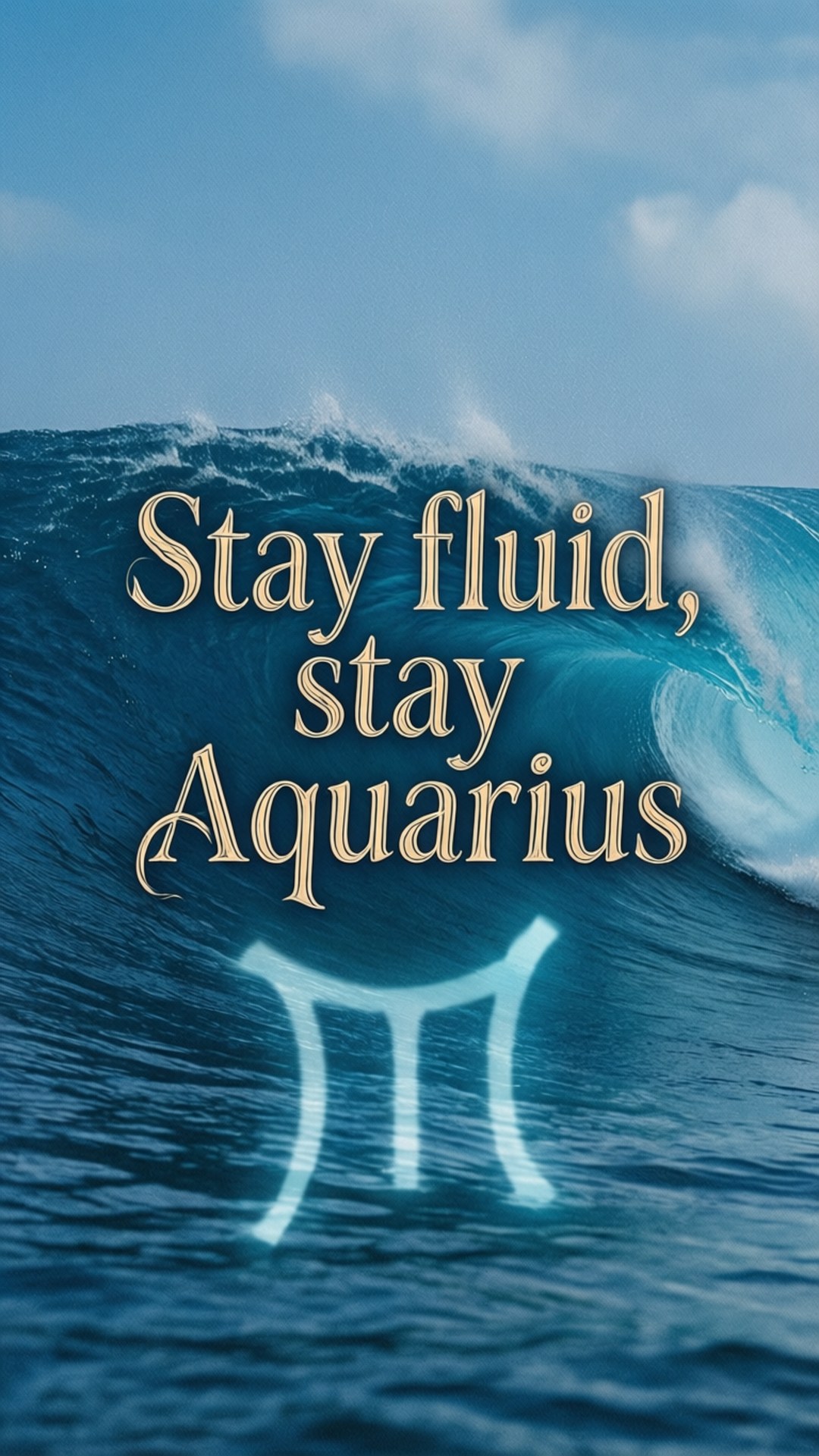 Stay Fluid Quote 壁紙 — 一個高聳的藍色海浪在金色文字「Stay fluid, stay Aquarius」下捲曲，下方有一個發光的水瓶座符號。
