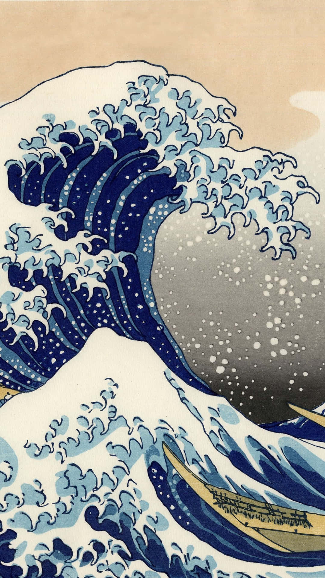 一道帶有白色泡沫的巨大藍色波浪主導了場景，小船在其頂端乘風破浪。 — 日式藝術 壁紙