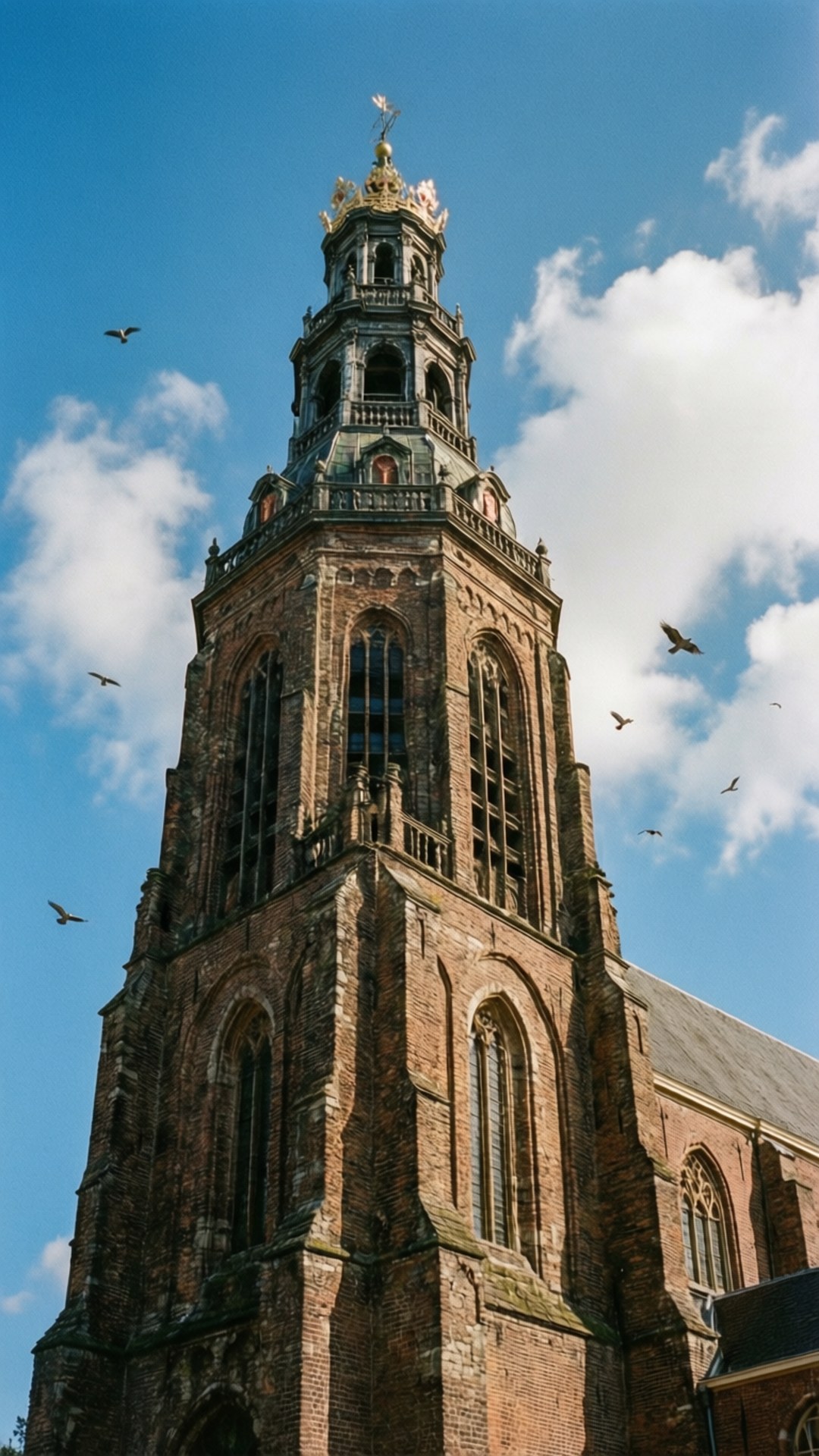 Westerkerk Tower Details 壁紙 — 一座高聳的磚砌教堂，帶有精細的尖頂，在明亮的藍天下，點綴著蓬鬆的白雲和盤旋的鳥兒。