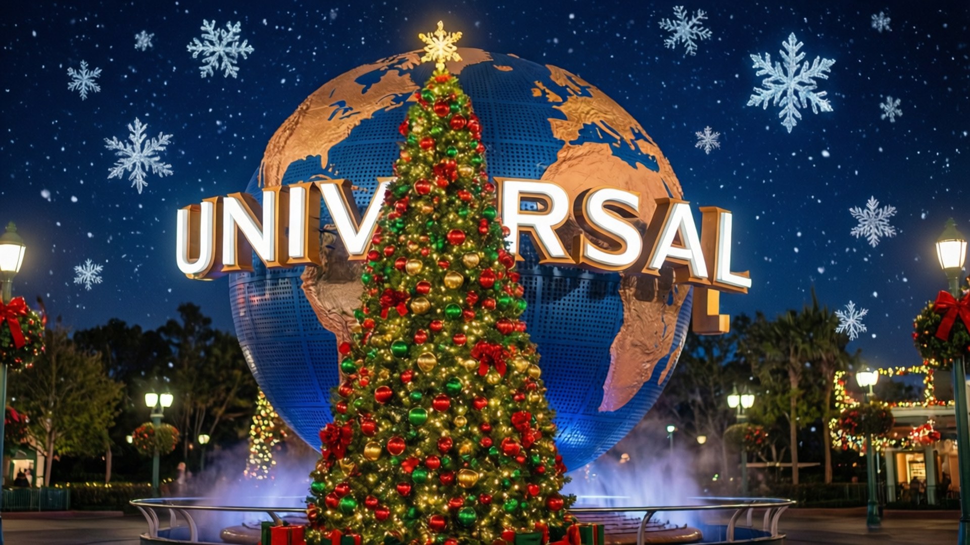 Christmas at Universal 壁紙 — 一棵高聳的聖誕樹裝飾著紅色、綠色和金色的飾品，矗立在燈火通明的環球影城地球儀前，背景是雪花紛飛的夜空。