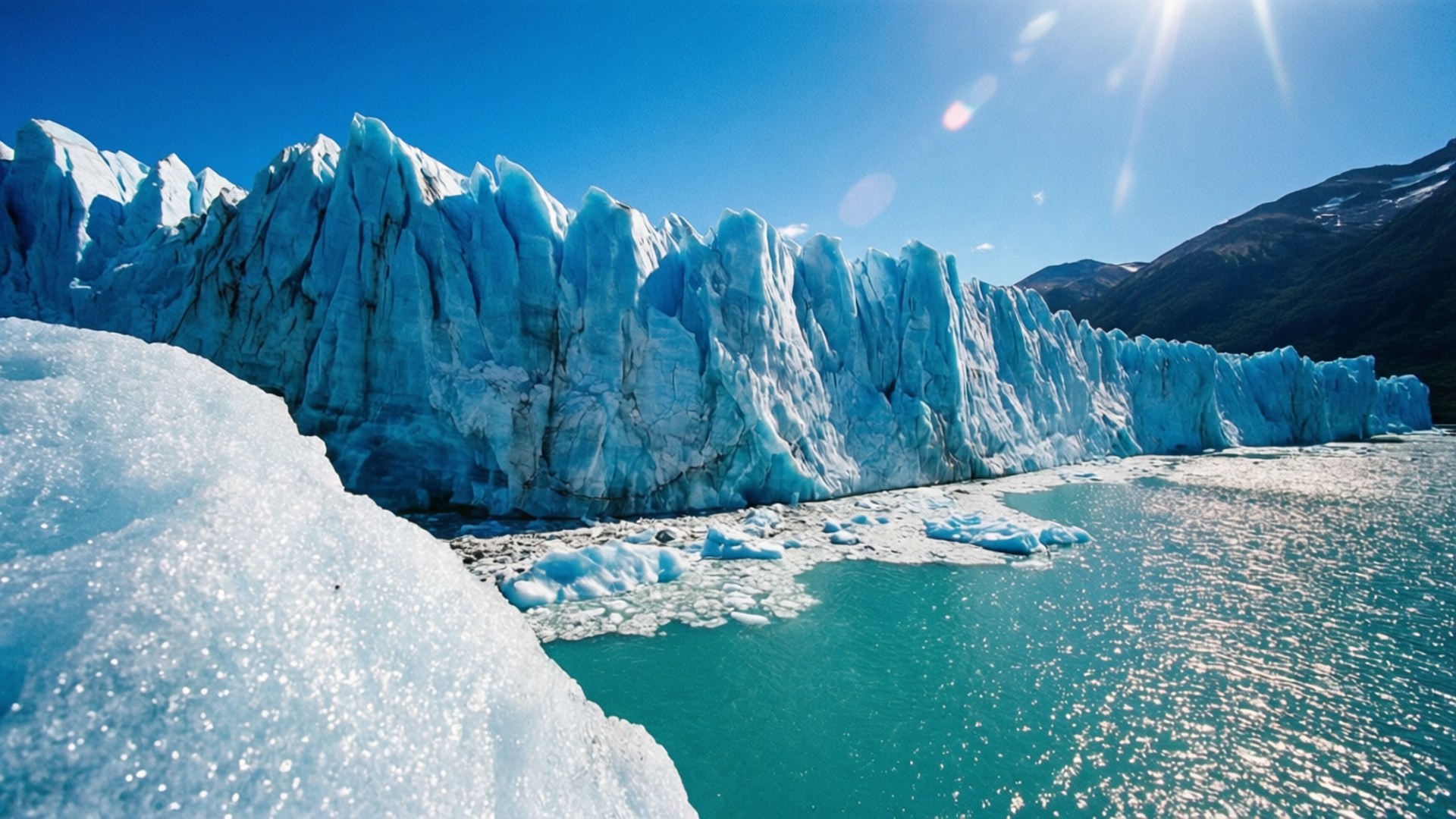 Perito Moreno Ice 壁紙 — 一座高聳的冰川，帶有參差不齊的藍色冰壁，在明亮的陽光和鏡頭光暈下與碧綠色的海水相遇。