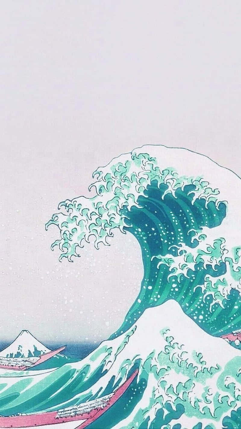  壁紙 — 一道高聳的綠色巨浪在蒼白的天空下，在遠處富士山的背景下，威嚴地捲過小船。