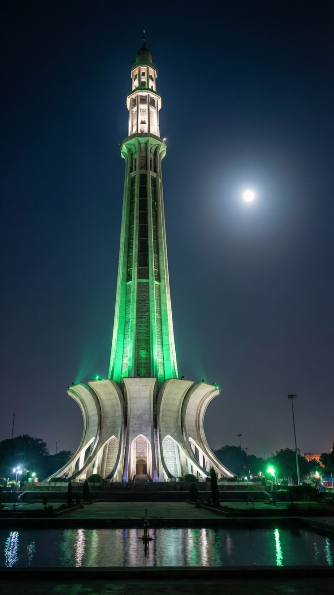 Minar-e-Pakistan Night Glow 壁紙 — 一座高聳的紀念碑沐浴在綠光中，矗立在黑暗的天空下，明亮的月亮懸在它的倒影池上方。