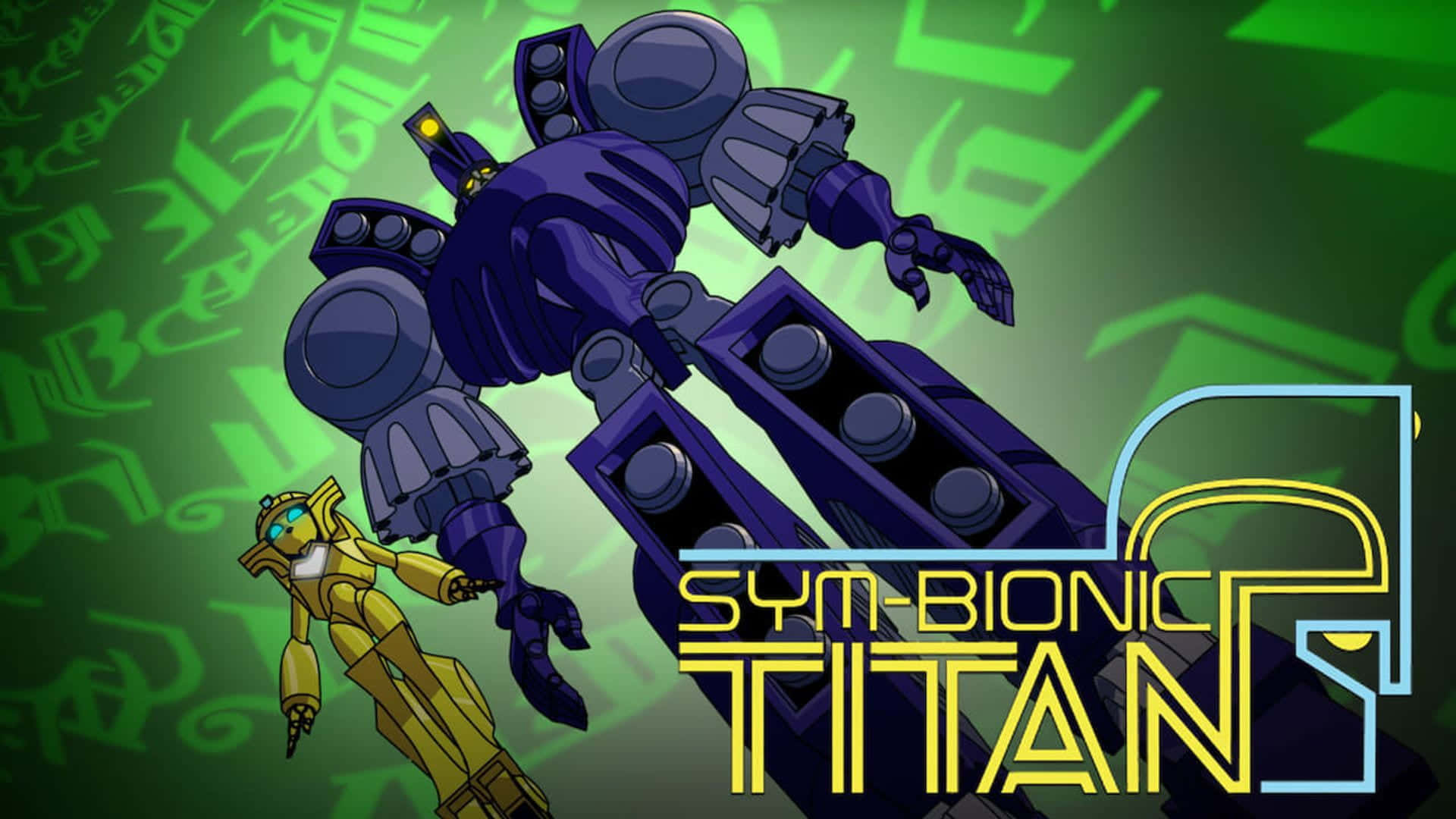Sym-bionic Titan 桌布 壁紙 — 一個高大的紫色機器人聳立在一個較小的黃色機器人之上，背景是綠色抽象背景，帶有發光文字。