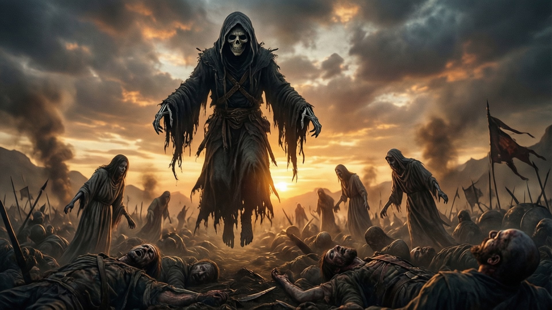 Battlefield Harvest 壁紙 — 一個高大的骷髏死神在日落時分盤旋在一個充滿陣亡戰士的戰場上空，遠方山丘升起煙霧。