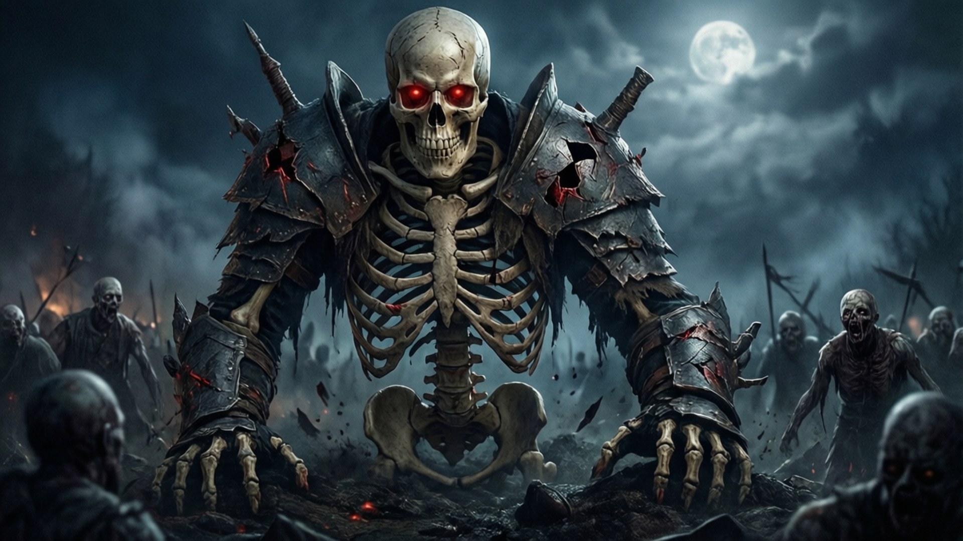 Rise of the Skeletal Giant 壁紙 — 一個身穿尖刺盔甲、眼睛發出紅光的巨大骷髏戰士在滿月下威嚇地站立，而不死僕從在黑暗風暴的戰場上前進。