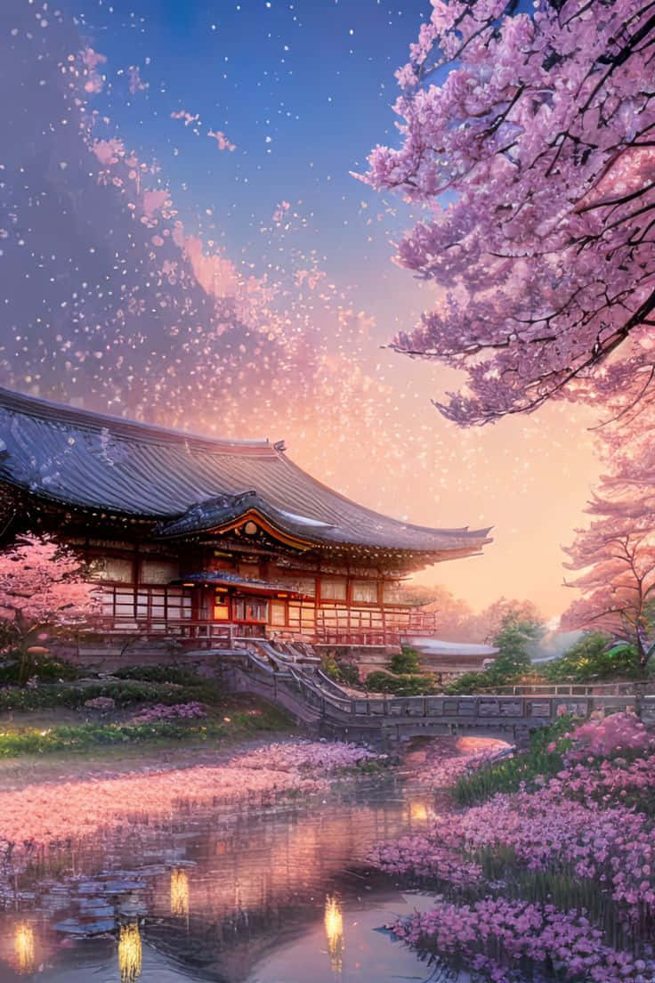  壁紙 — 一座傳統日本寺廟在暮色天空下溫暖地發光，粉紅色的櫻花像流星一樣飄落在反射的池塘上。