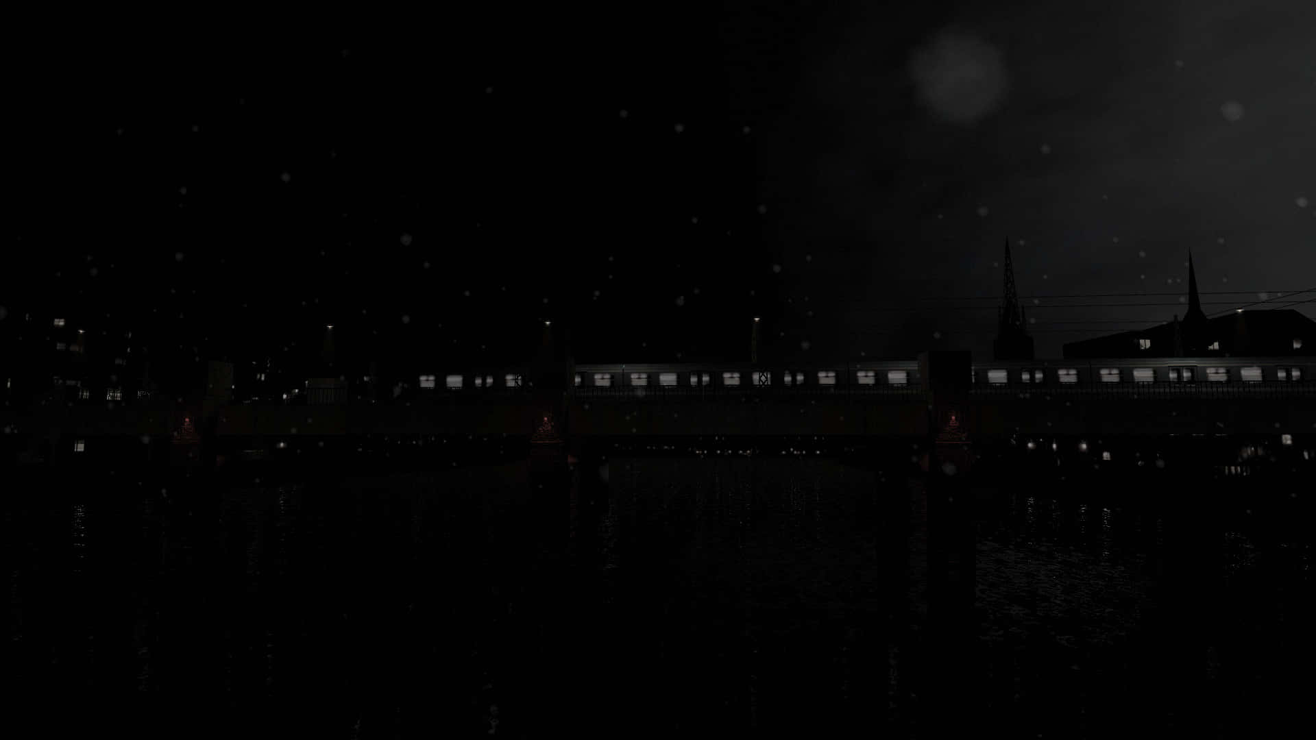  壁紙 — 一列火車在雪夜天空下駛過橋樑，微弱的城市燈光倒映在下方水面。