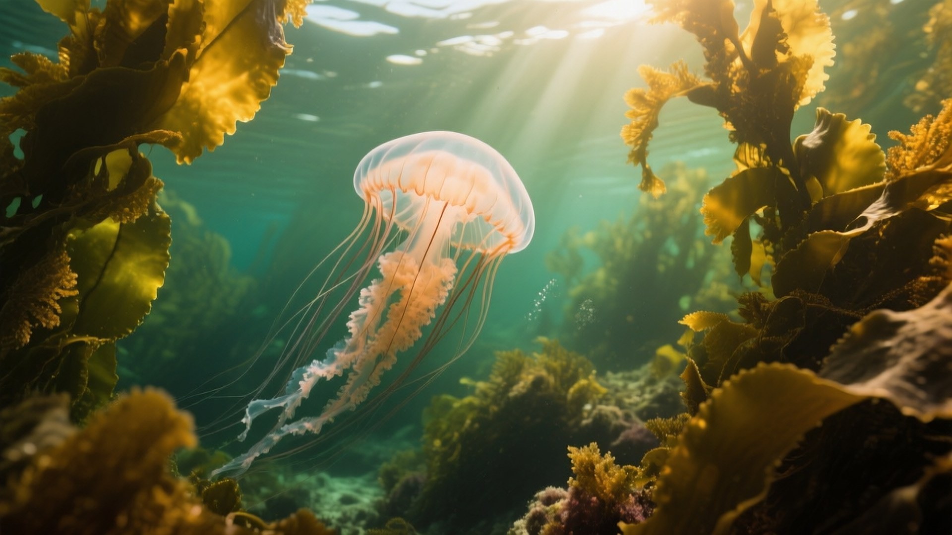 Kelp Forest Jelly 壁紙 — 半透明的水母在碧綠的海水中，陽光穿過海藻林，柔和地發光。