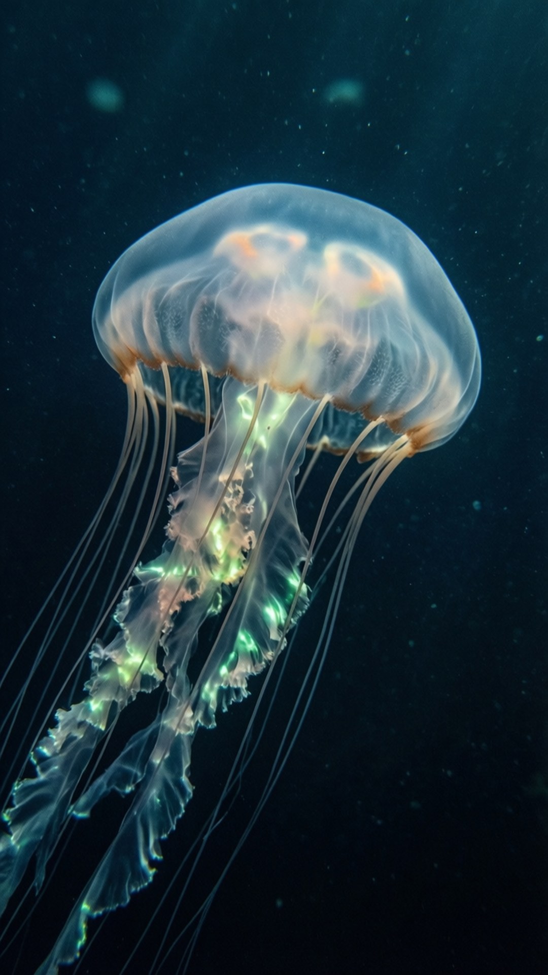 Ethereal Gray Jellyfish 壁紙 — 半透明的水母在黑暗的海洋背景下發出內部生物發光。