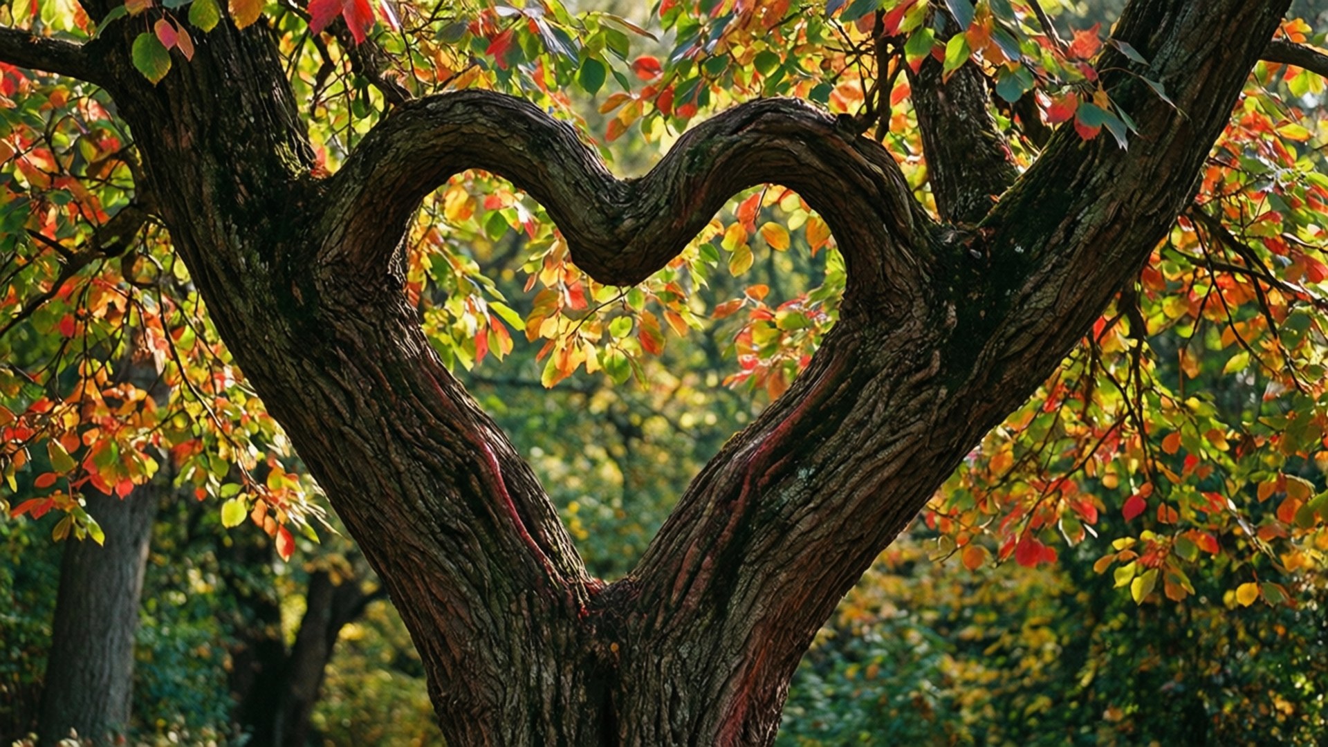 Intertwined Trees 壁紙 — 一棵樹，其多節的樹枝形成完美的心形，被溫暖色調的秋葉環繞。