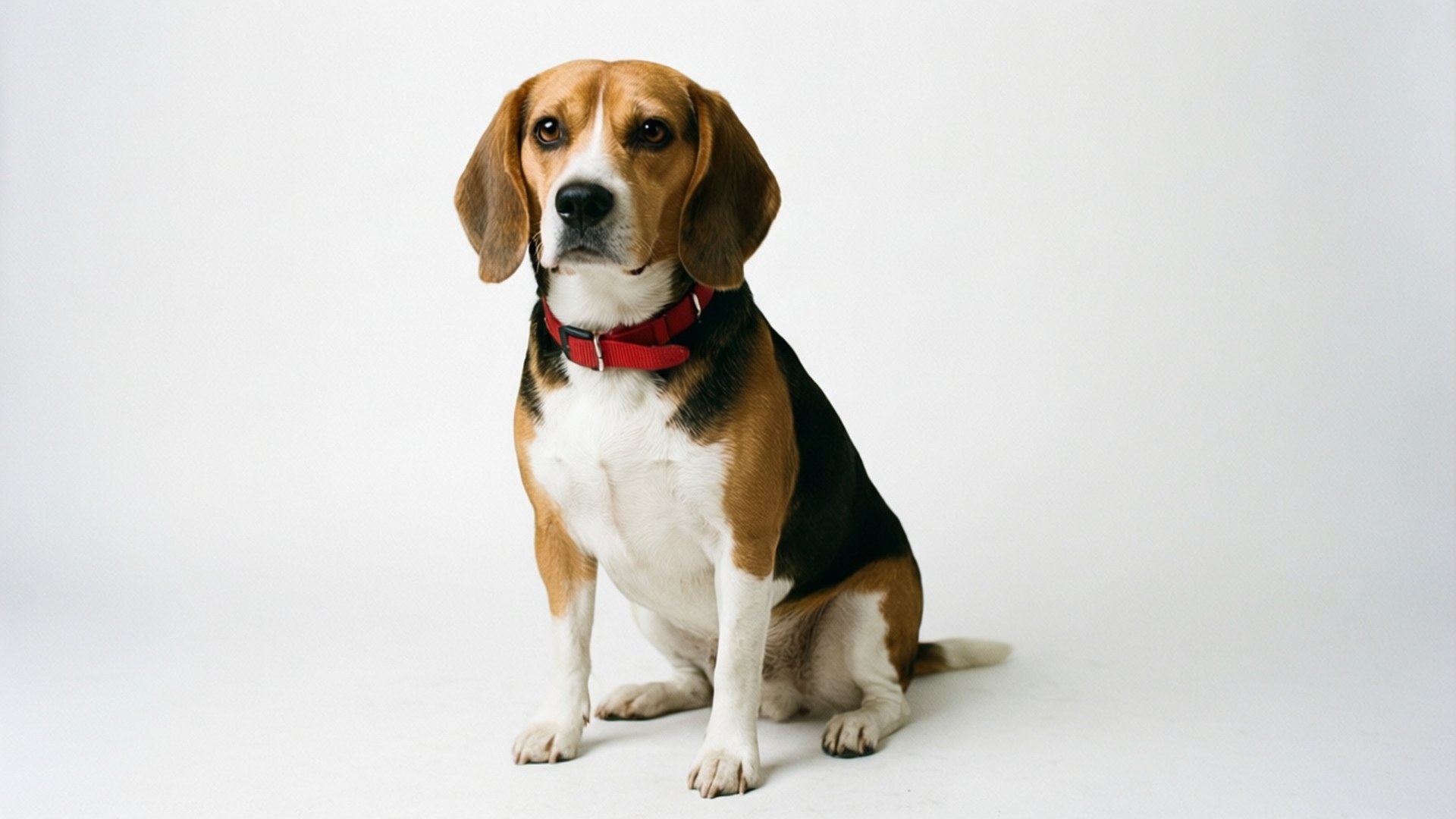 Studio Beagle Portrait 壁紙 — 一隻三色比格犬垂著耳朵，戴著紅色項圈，專注地坐在純白色背景上。