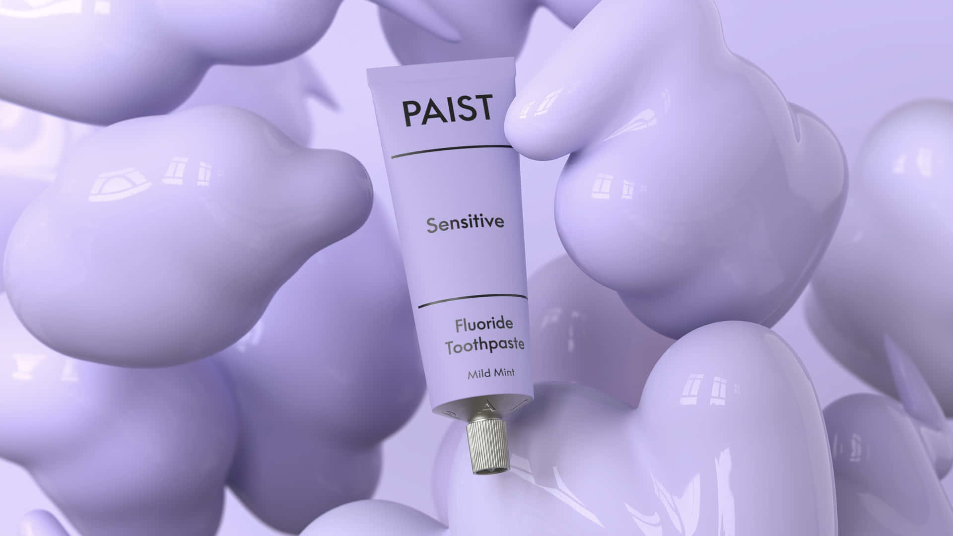  壁紙 — 一支PAIST敏感牙齒氟化物牙膏，帶有溫和薄荷味，漂浮在柔和的薰衣草抽象形狀之間。