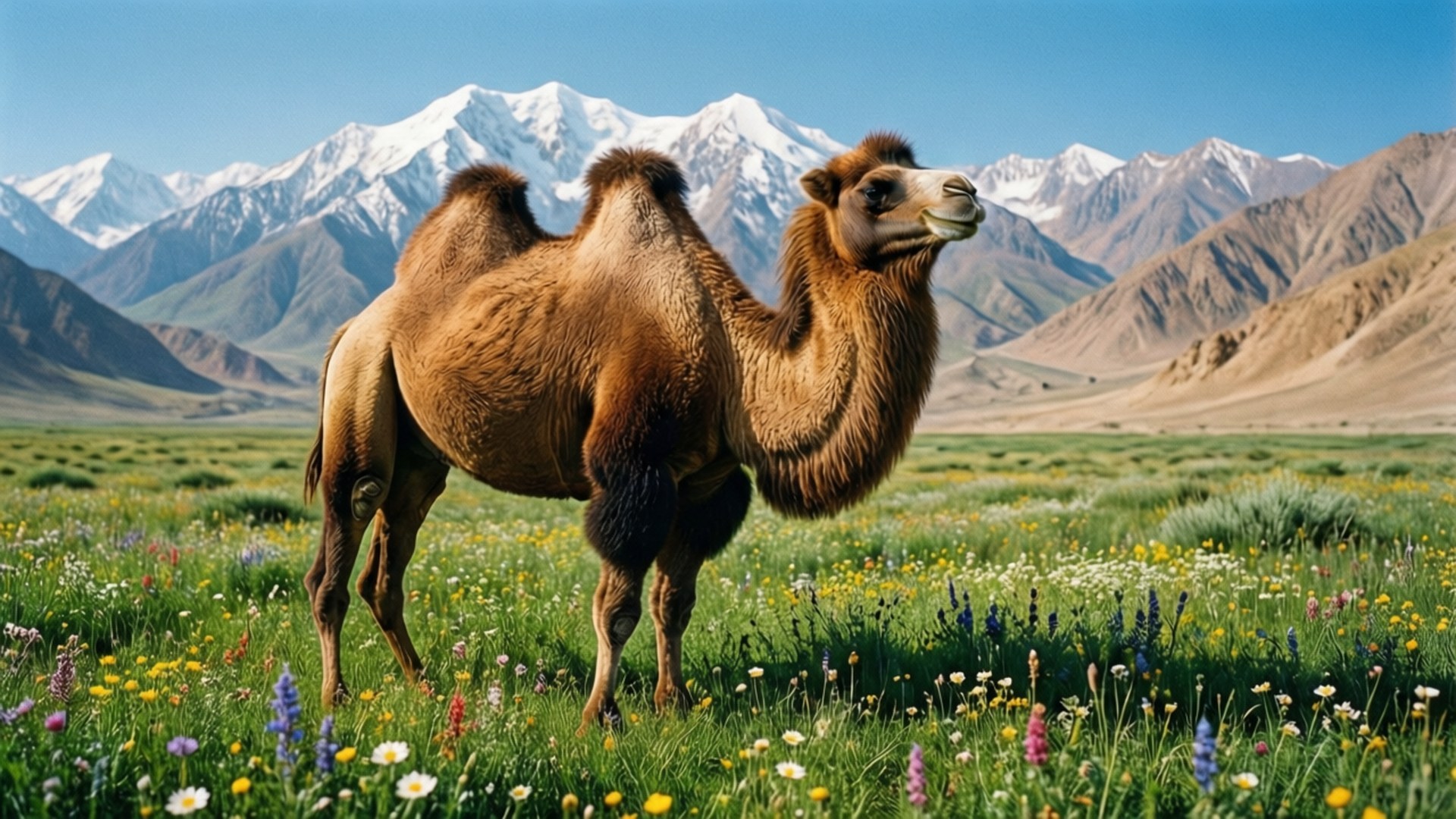 Camel in Flower Meadow 壁紙 — 一隻雙峰駱駝站在充滿野花的鮮豔草地上，背後是白雪覆蓋的山脈，在晴朗的藍天下升起。