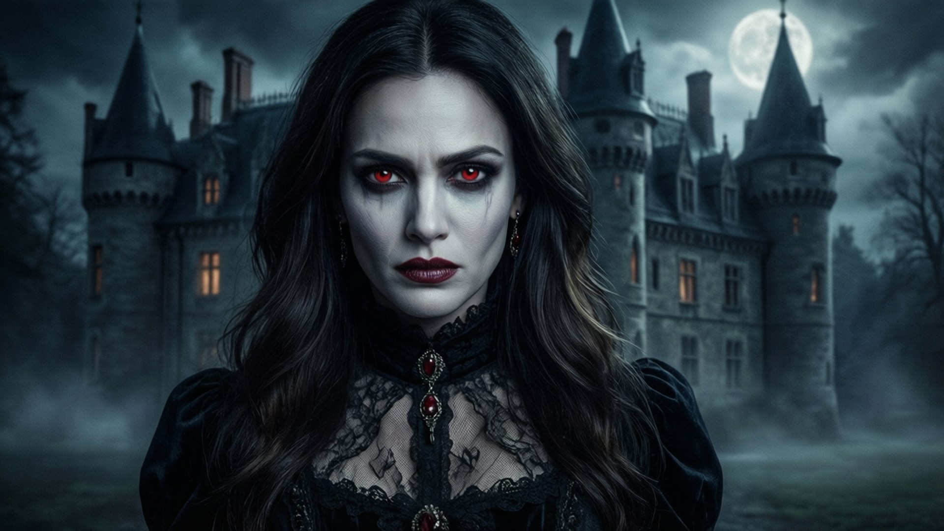 Vampire Queen 壁紙 — 一位擁有發光紅眼和黑色蕾絲服裝的吸血鬼女性站在滿月下的哥德式城堡前。