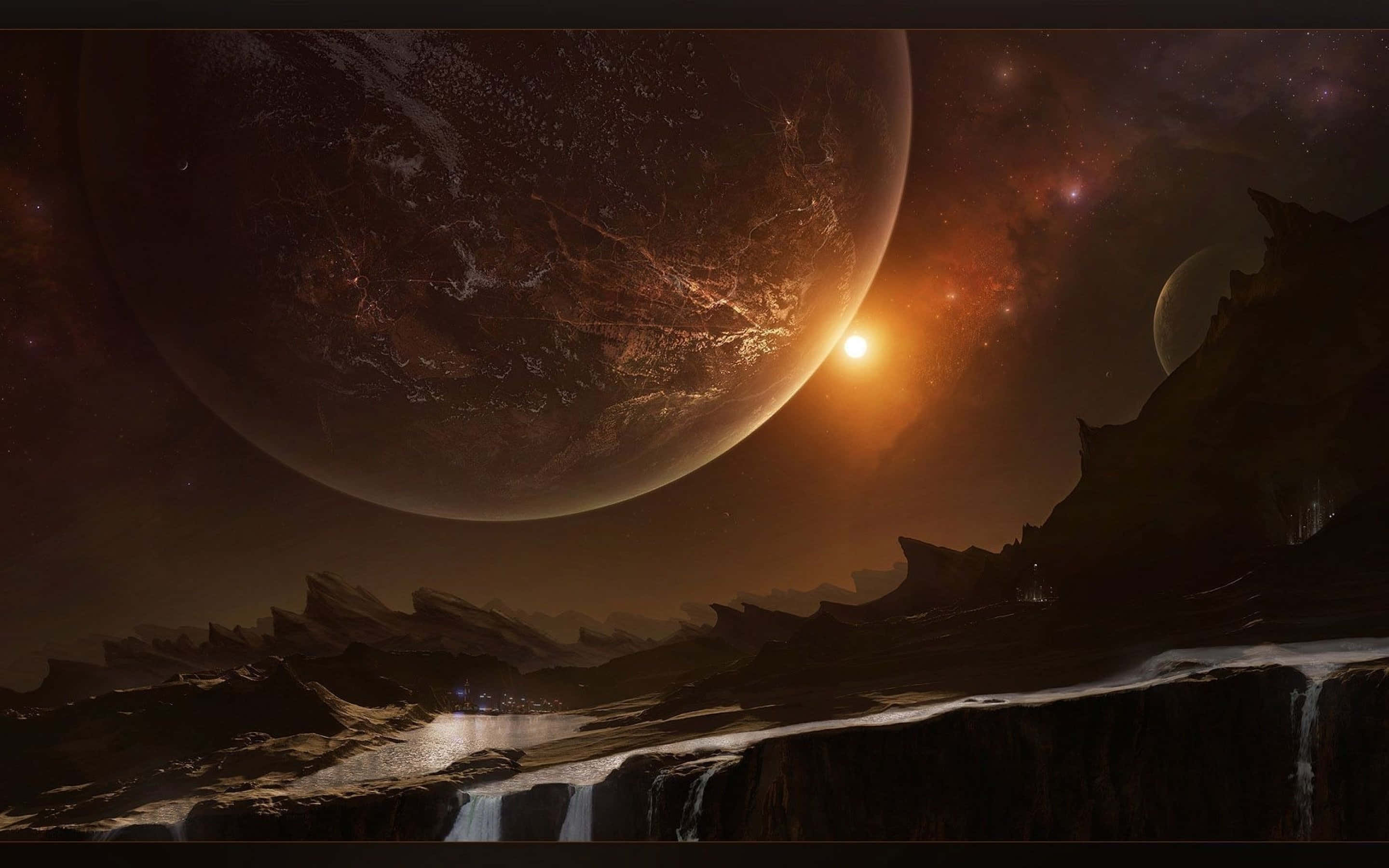 Space Landscape 桌布 壁紙 — 廣闊的外星景觀，有鋸齒狀的懸崖和發光的瀑布，在巨大的行星和星空下。