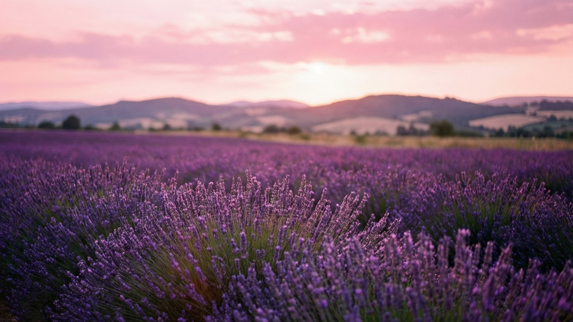Lavender Field Sunset 壁紙 — 一片盛開的薰衣草田在柔和的粉紅色日落天空下延伸至起伏的丘陵。