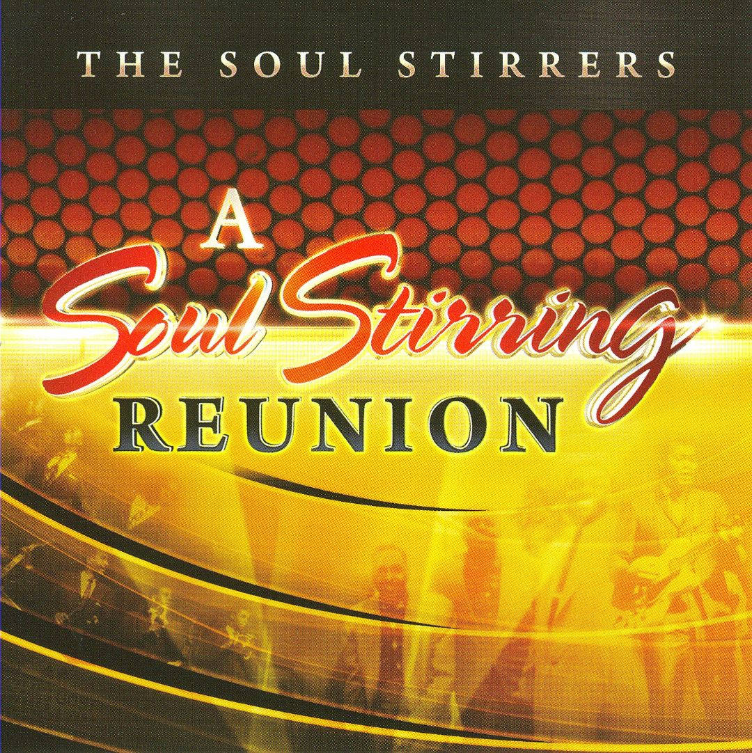 復古 桌布 壁紙 — 「The Soul Stirrers」充滿活力的專輯封面，大膽的紅色和金色字體覆蓋在發光的舞台場景上，有音樂家。