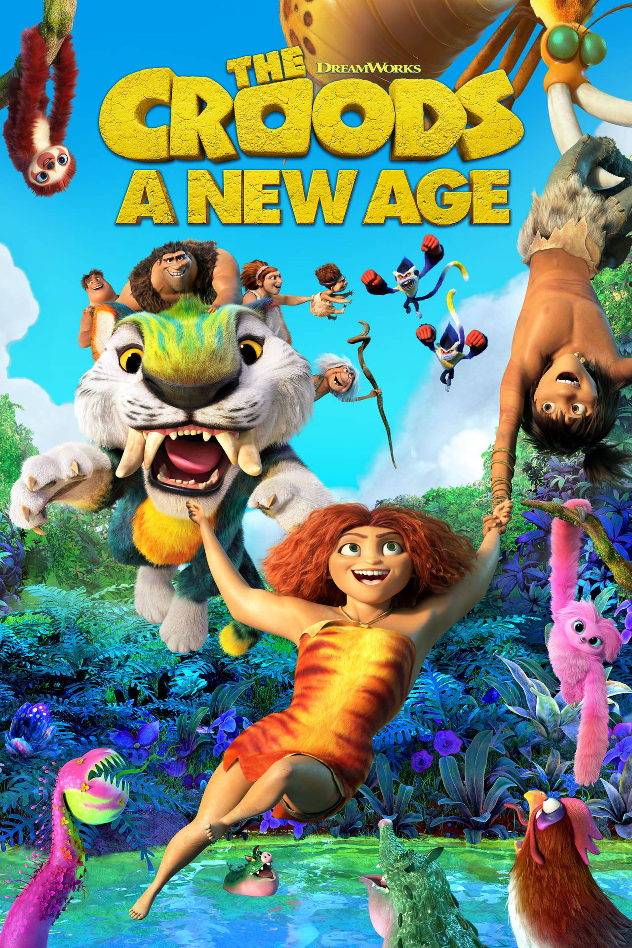 一個女孩在叢林中與動畫動物和彩色植物一起盪來盪去。 — 3D 壁紙
