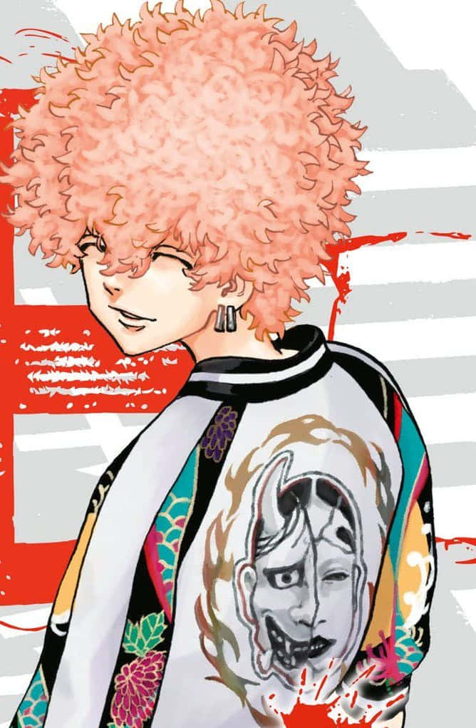 動漫角色，粉紅色爆炸頭和惡魔面孔外套設計。 — 東京卍復仇者風格 壁紙