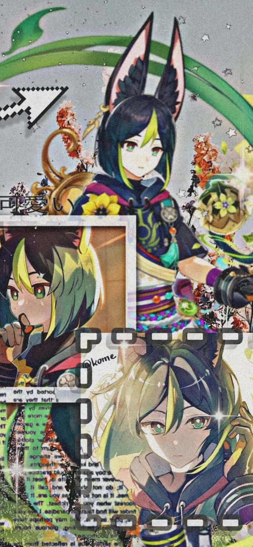  壁紙 — 一幅充滿活力的動漫拼貼畫， featuring 一位擁有狐狸耳朵、綠色頭髮和眼睛的女孩，周圍環繞著花卉圖案和數位故障效果。