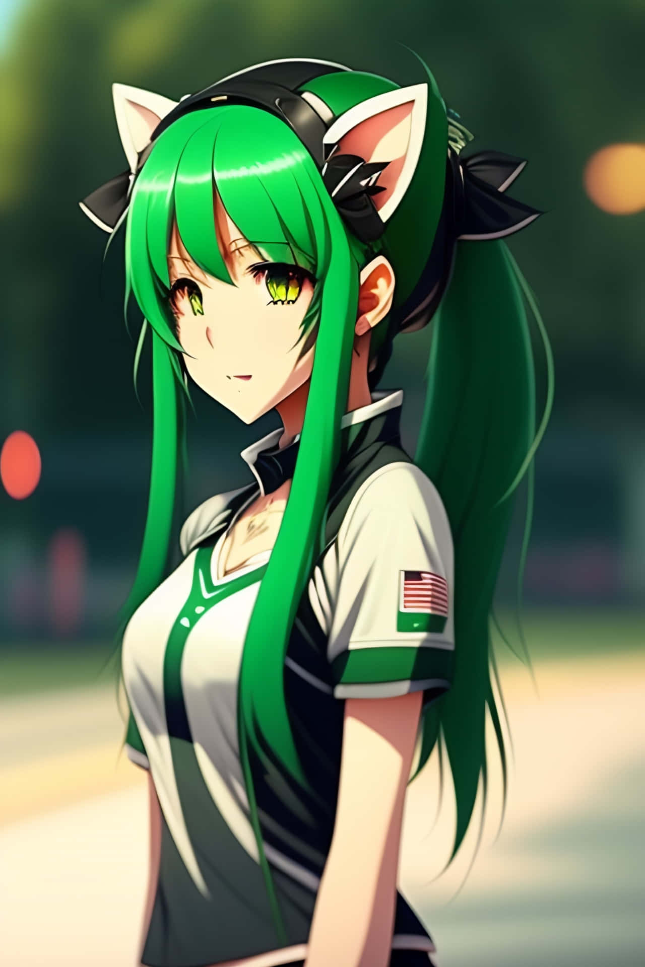  壁紙 — 一個充滿活力的動漫女孩，長著綠色長髮和貓耳朵，在柔和的戶外光線下穿著綠色和白色的運動球衣。