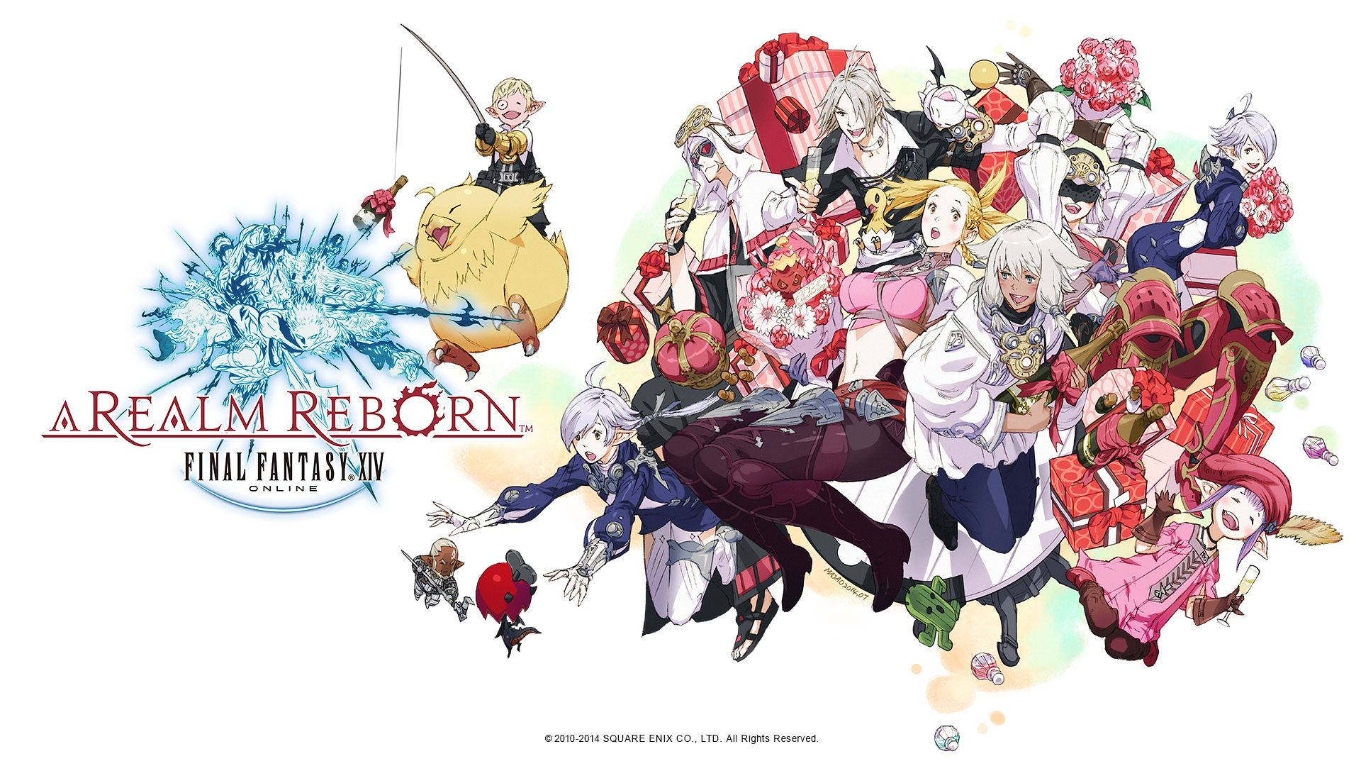 《Final Fantasy XIV》角色穿著喜慶的紅色和白色服裝，帶著禮物和鮮花。 — 最終幻想14 壁紙