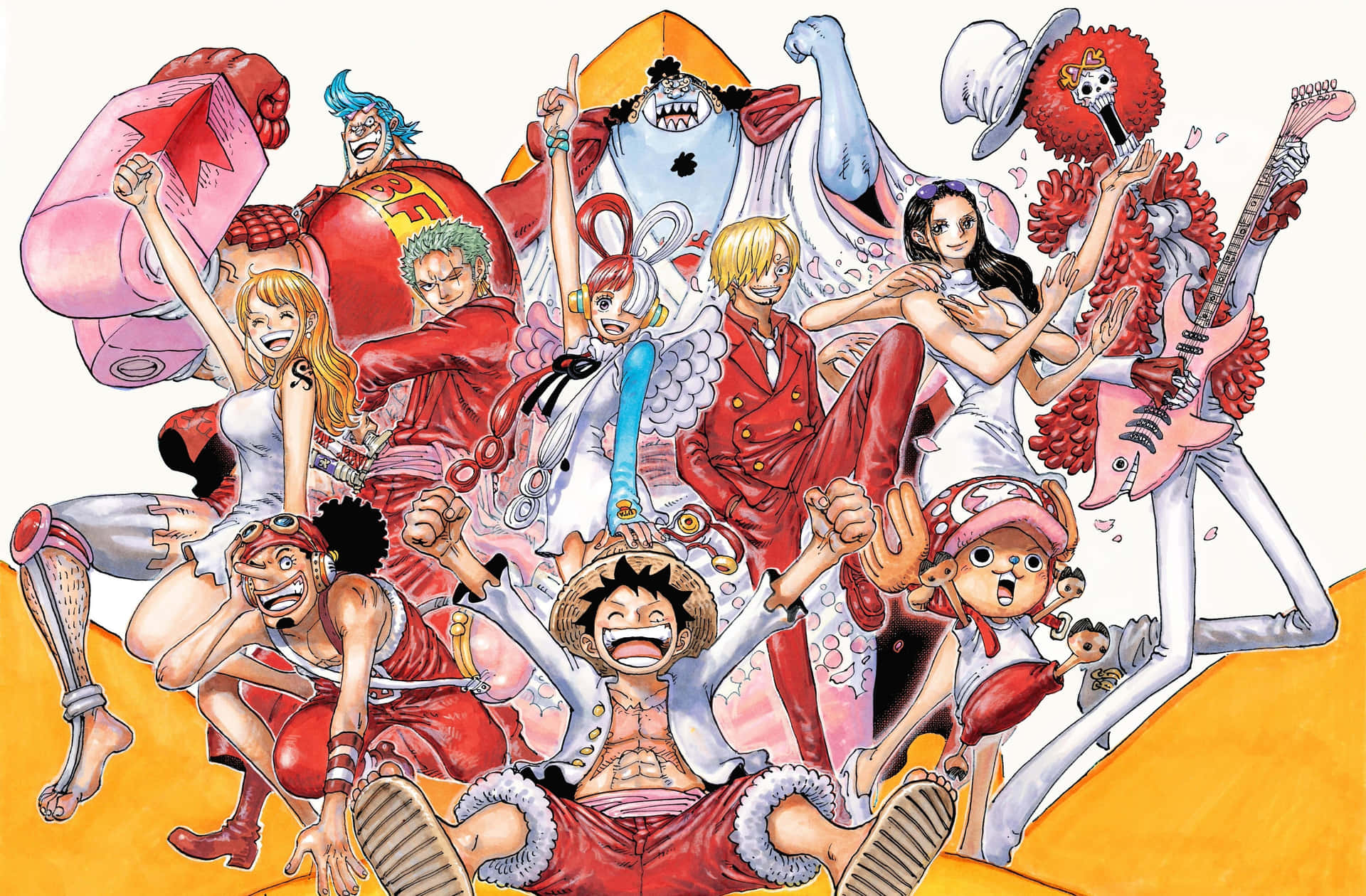  壁紙 — 一幅充滿活力的動漫插圖，描繪了《One Piece》船員在溫暖的橙色背景下以動態姿勢和色彩繽紛的服裝慶祝。