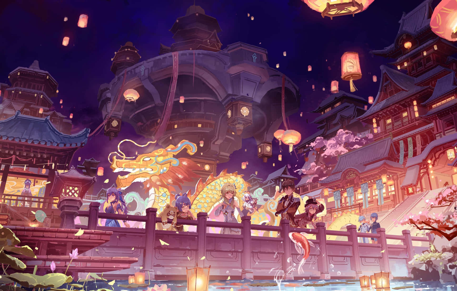  壁紙 — 一個充滿活力的夜間動漫場景，發光的燈籠漂浮在傳統東亞橋樑上方，角色們聚集在一條金色龍附近。