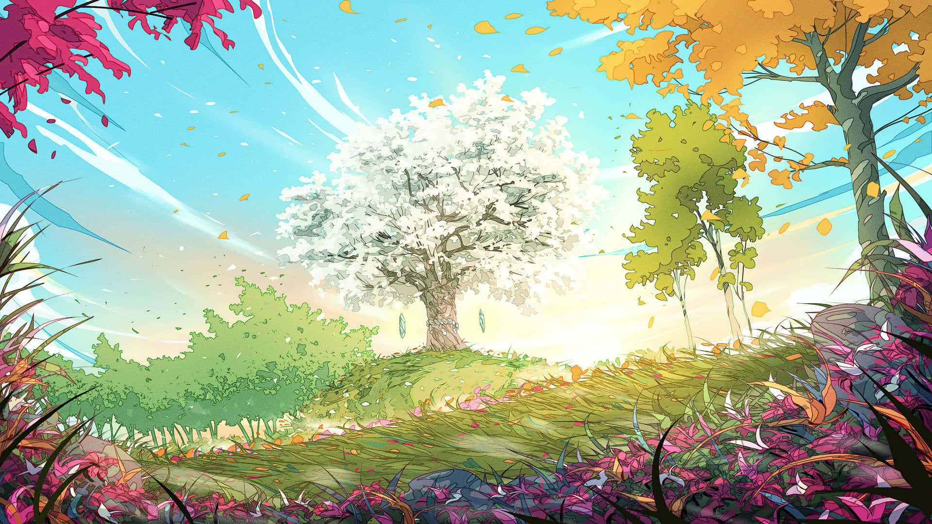  壁紙 — 一個充滿活力的動漫風格場景，一棵開滿白花的樹在明亮的天空下閃耀，色彩繽紛的樹葉和花朵在它周圍旋轉。