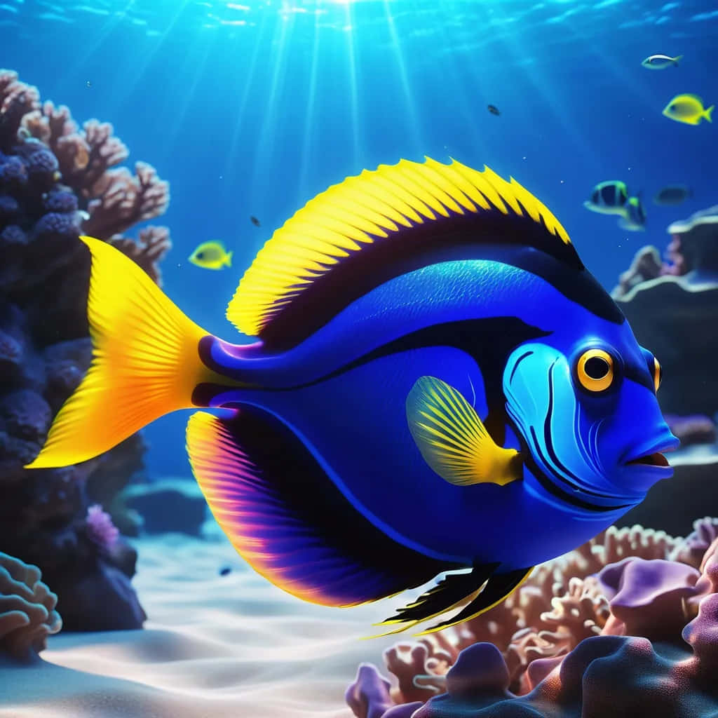  壁紙 — 一條充滿活力的藍黃吊魚在陽光照耀的珊瑚礁水域中優雅地游動，光線穿透水面。