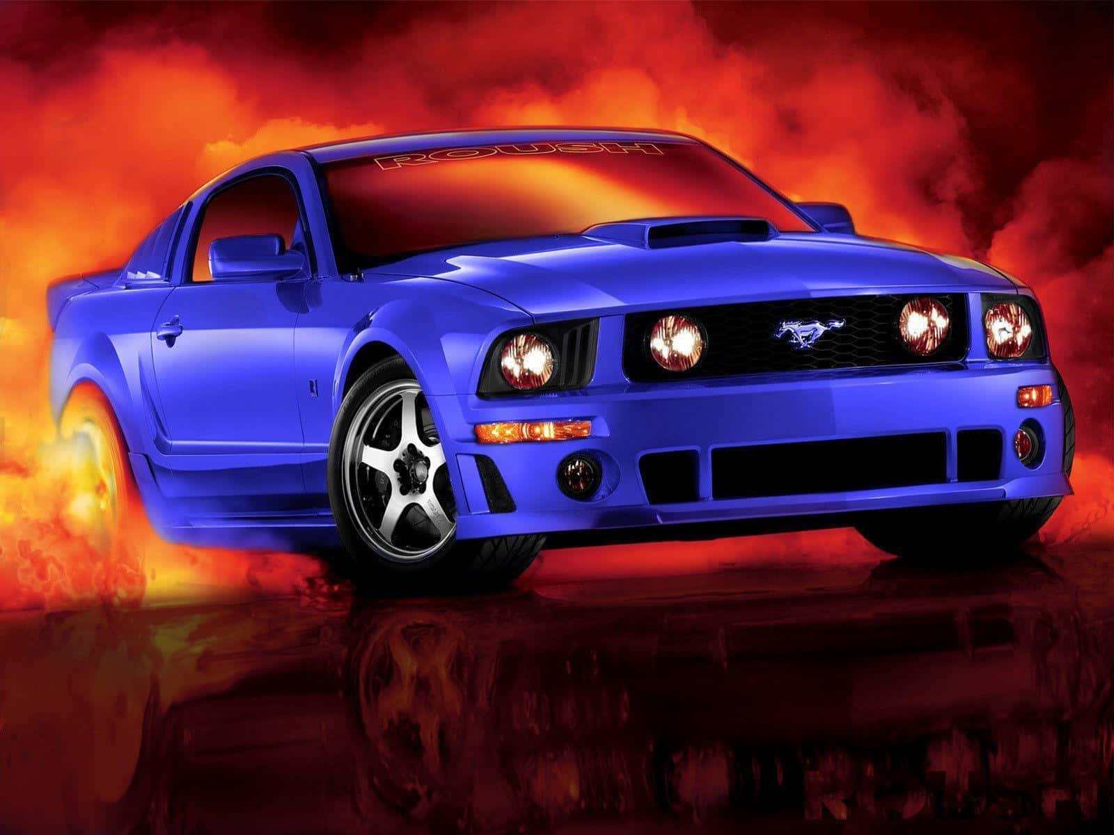 Ford Mustang Roush 桌布 壁紙 — 一輛充滿活力的藍色福特野馬跑車，帶有發光的前燈和熾熱的橙色煙霧效果，背景是戲劇性的紅色。
