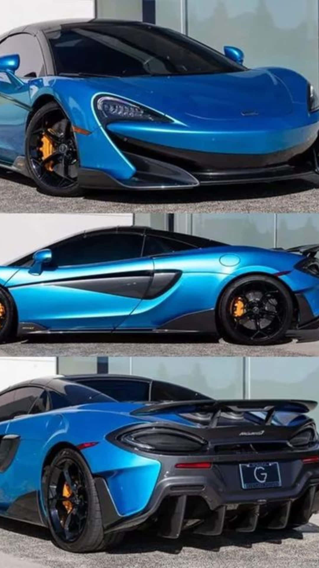  壁紙 — 一輛充滿活力的藍色McLaren跑車以三個動態角度展示，突顯其空氣動力學設計和橙色制動卡鉗。