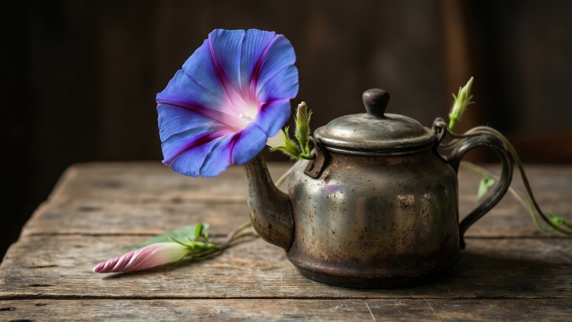 Vintage Teapot Still Life 壁紙 — 一朵鮮豔的藍色牽牛花從一個風化的金屬茶壺壺嘴綻放，壺放在一張質樸的木桌上。