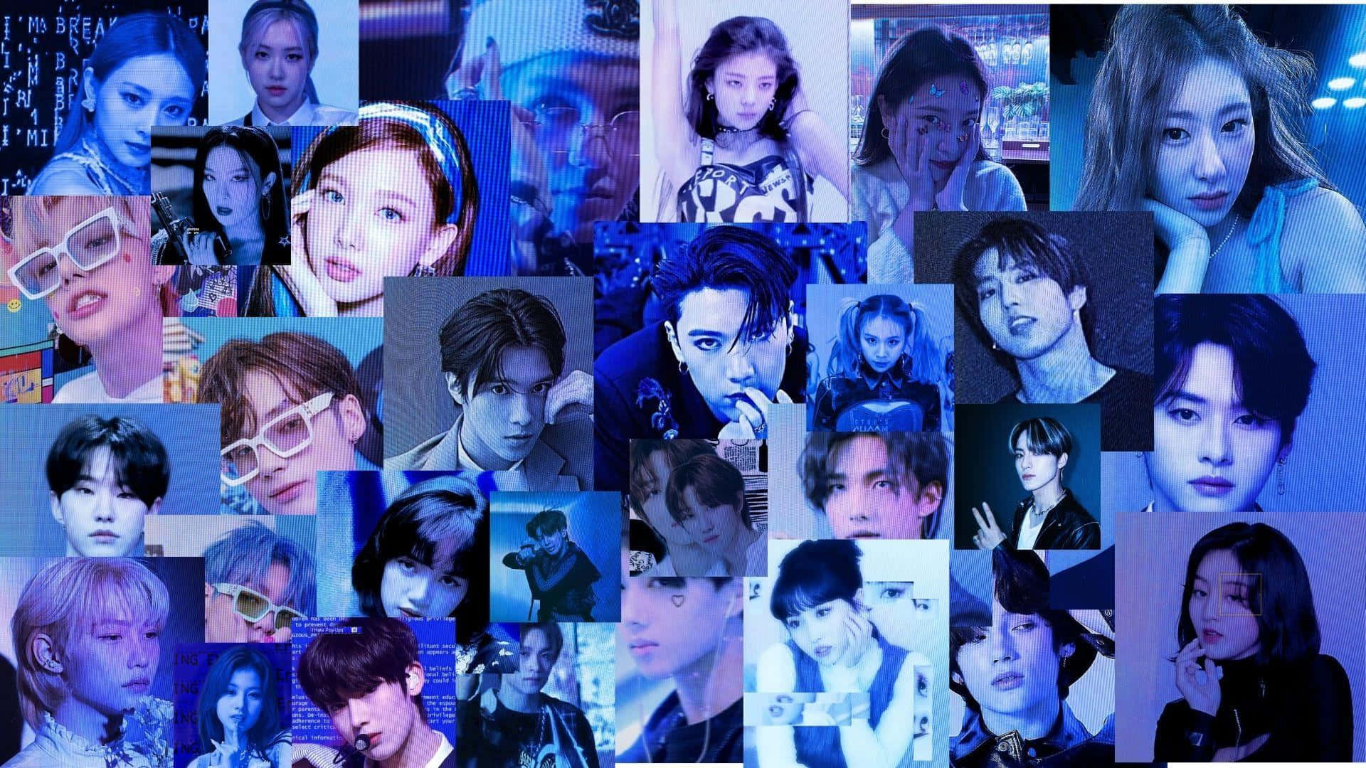  壁紙 — 一幅充滿活力的藍色調拼貼畫，展示K-pop偶像的各種姿勢和表情，營造出動感時尚的桌布。