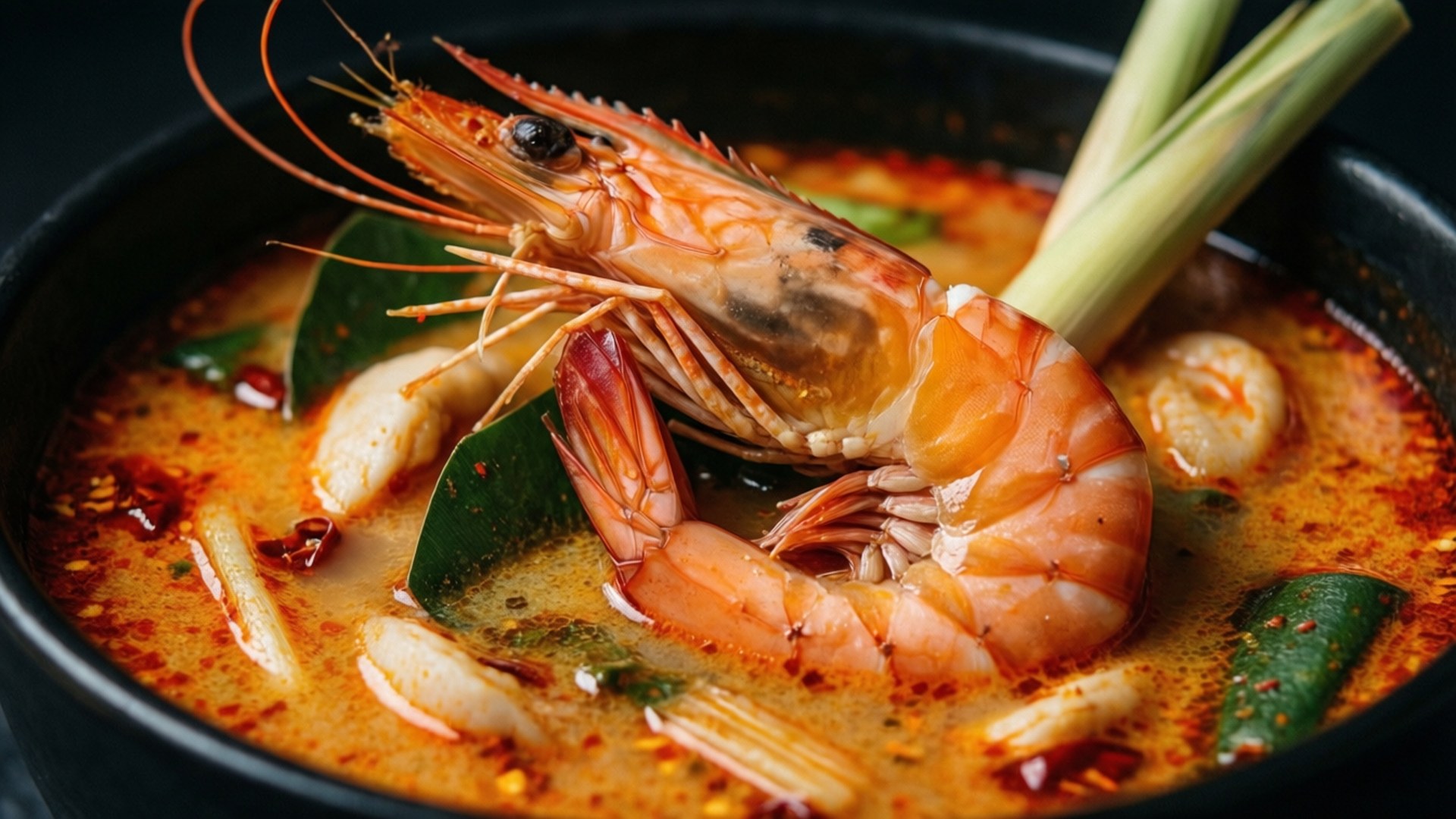 Cinematic Tom Yum Prawn 壁紙 — 一碗色彩鮮豔的辣冬蔭功湯，裡面有大蝦、香茅和辣椒漂浮在濃郁的湯汁中。