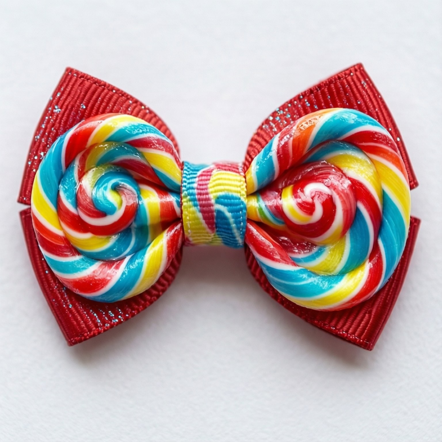 Hair Bow 桌布 壁紙 — 一個鮮豔的糖果漩渦蝴蝶結，帶有紅色亮粉絲帶，背景為純白色。