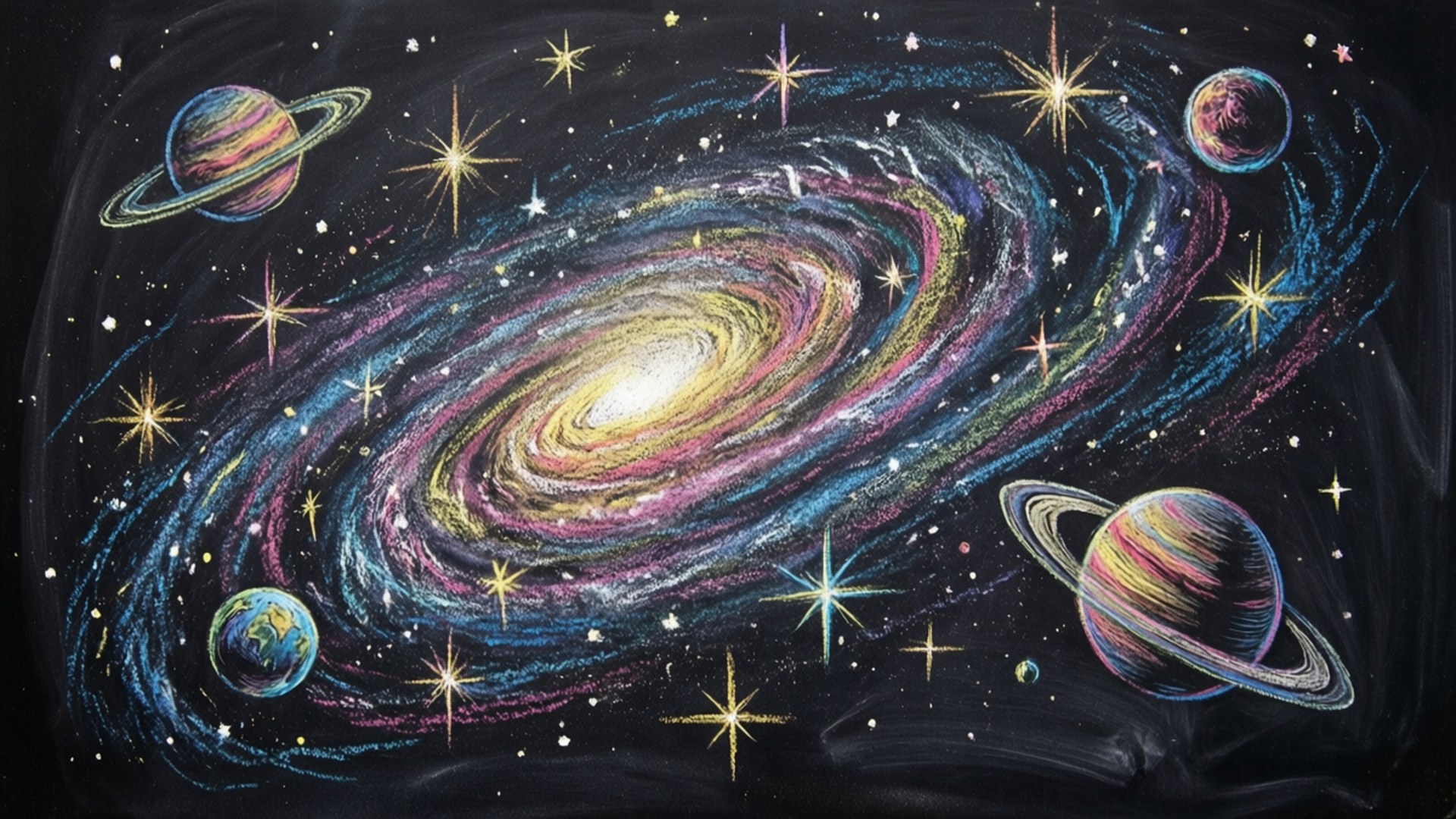 Chalkboard Galaxy 壁紙 — 黑板上一幅充滿活力的粉筆畫描繪了一個旋轉的星系，有發光的星星和色彩繽紛的環狀行星漂浮在太空中。