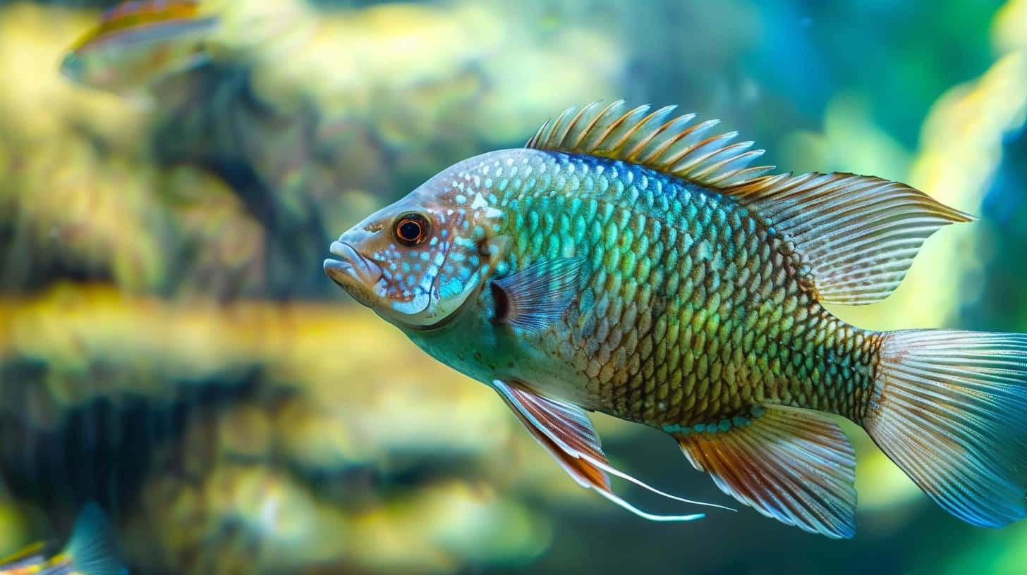 壁紙 — 一條色彩鮮豔的慈鯛在陽光照射的水族箱中優雅地游動，背景是模糊的水生植物和岩石。