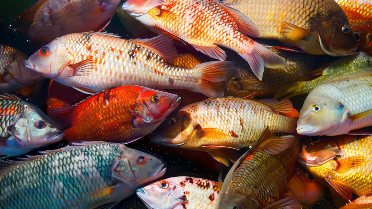  壁紙 — 色彩繽紛的魚類在清澈水中密集游動的特寫，鱗片細節豐富，色調多樣。