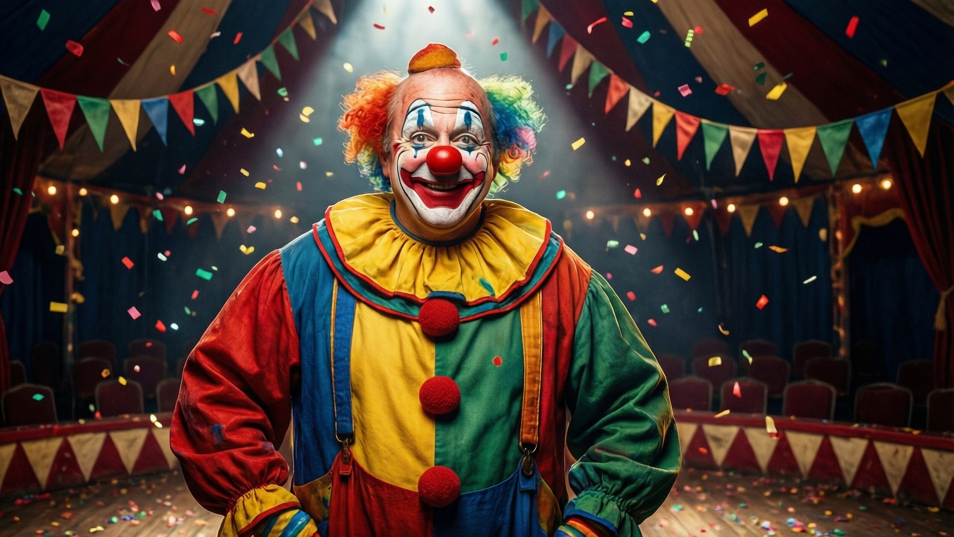 Cheerful Circus Clown 壁紙 — 一個充滿活力的馬戲團小丑，擁有彩虹色頭髮和紅鼻子，站在舞台中央，聚光燈下，周圍是馬戲團帳篷中飄落的五彩紙屑。