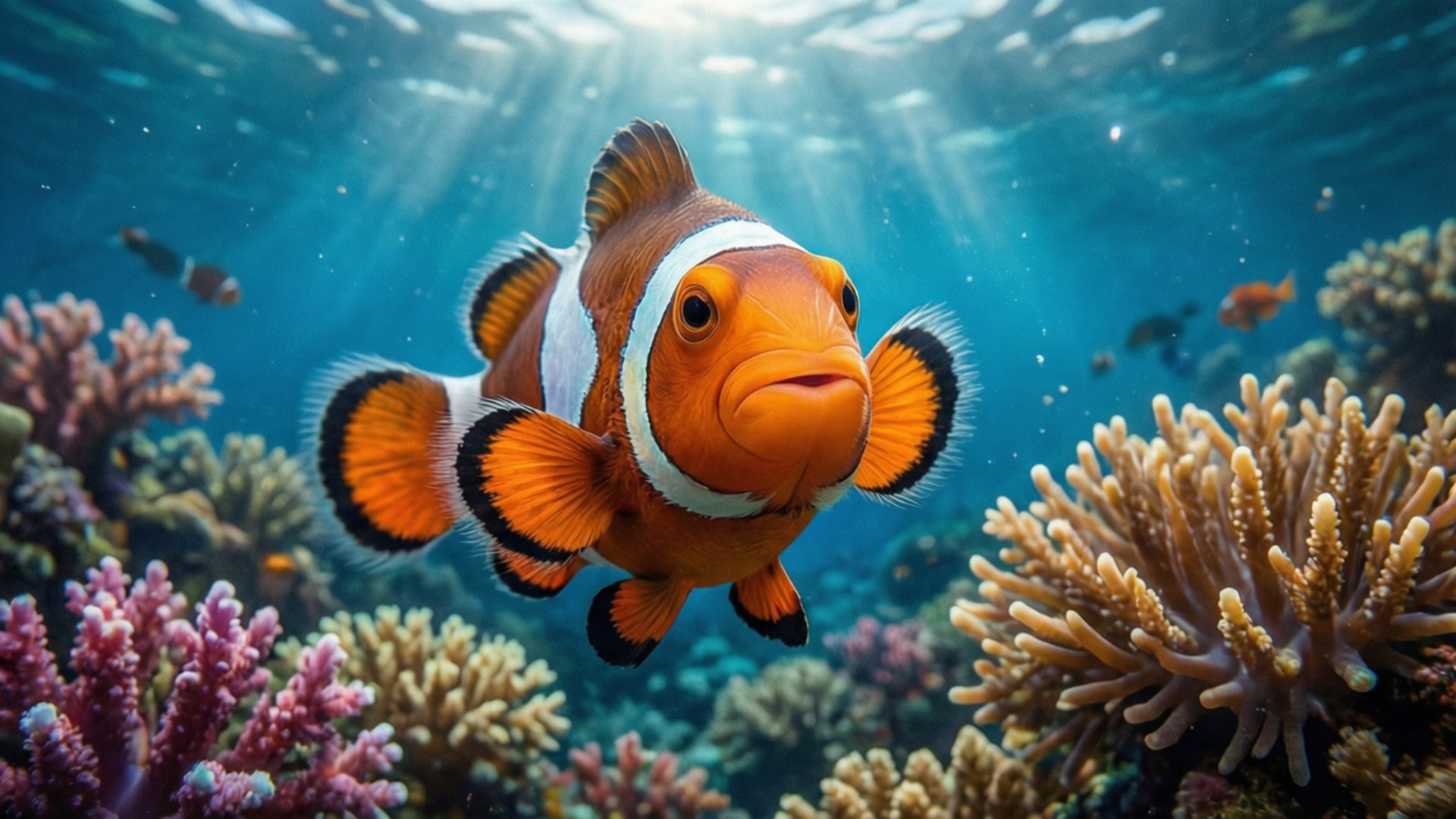 nemo 桌布 壁紙 — 一條色彩鮮豔的小丑魚穿過陽光普照的碧綠海水，在色彩繽紛的珊瑚礁中游向觀眾。