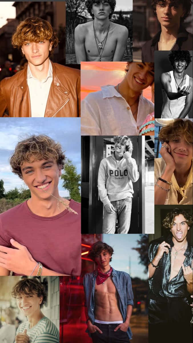 Jeremiah Fisher Aesthetic 桌布 壁紙 — 一個充滿活力的拼貼畫，展示一位年輕男性在不同城市和戶外環境中的各種服裝和表情。