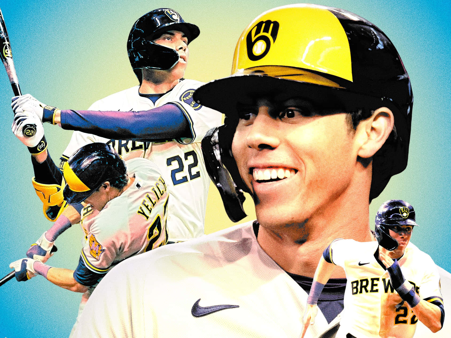 身穿釀酒人隊球衣的棒球運動員的動作姿勢。 — MLB 壁紙