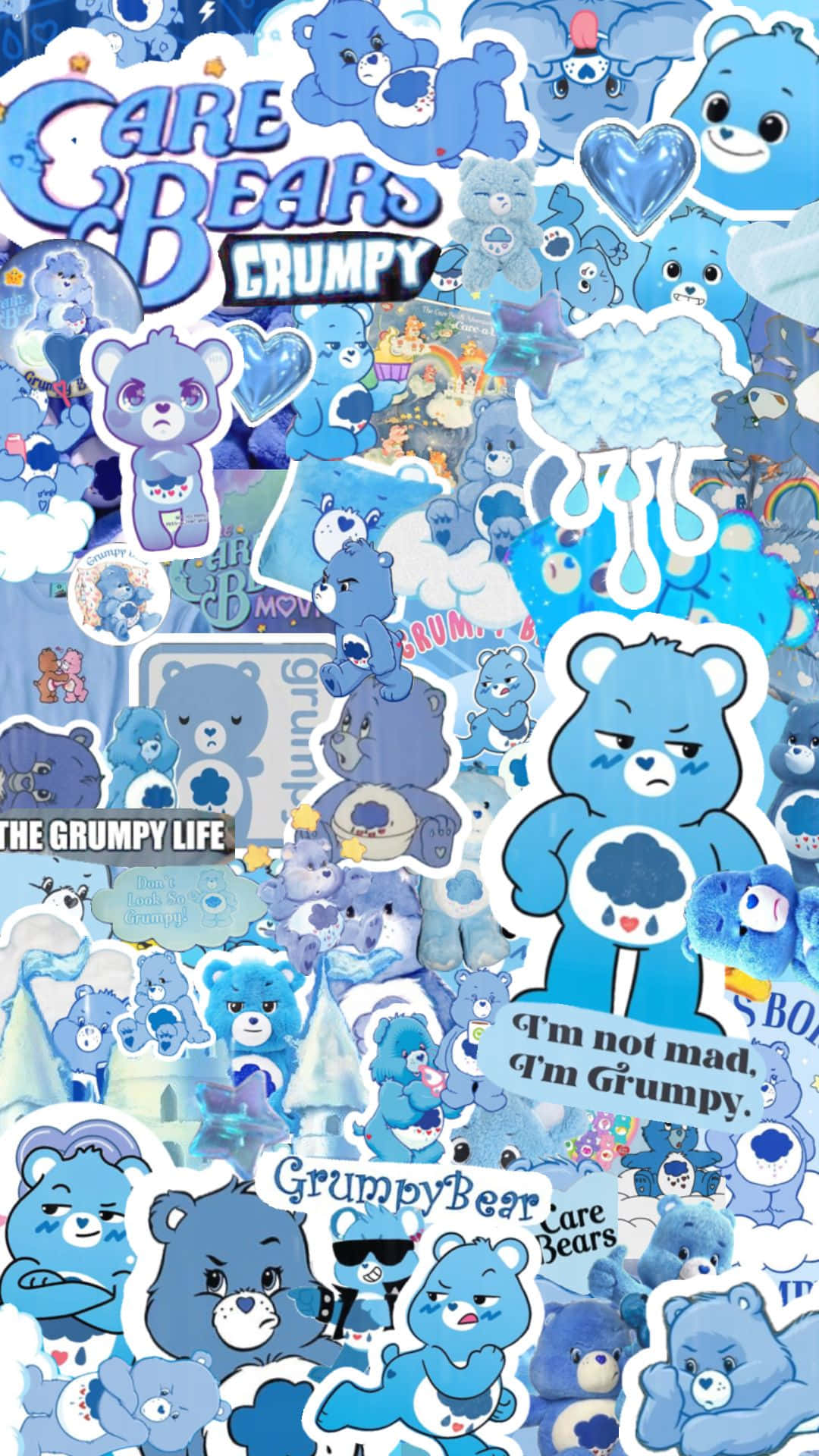  壁紙 — 一個充滿活力的藍色 Grumpy Bear 貼紙拼貼畫，帶有雲朵、心形和文字短語，採用俏皮的貼紙風格。