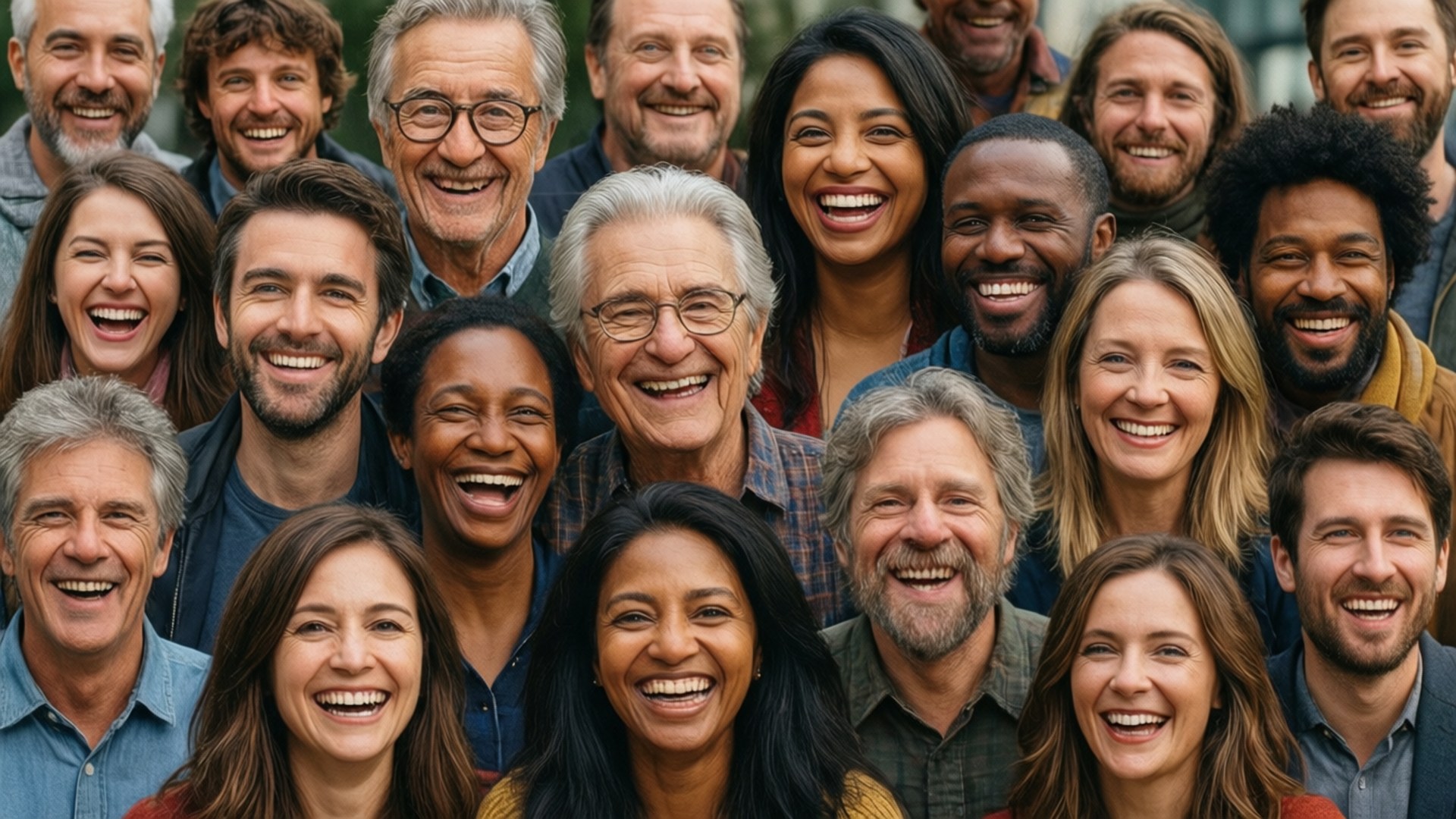 Diverse Smiles Collage 壁紙 — 一個充滿活力的拼貼畫，展示不同年齡和種族的微笑面孔，散發著歡樂和溫暖。