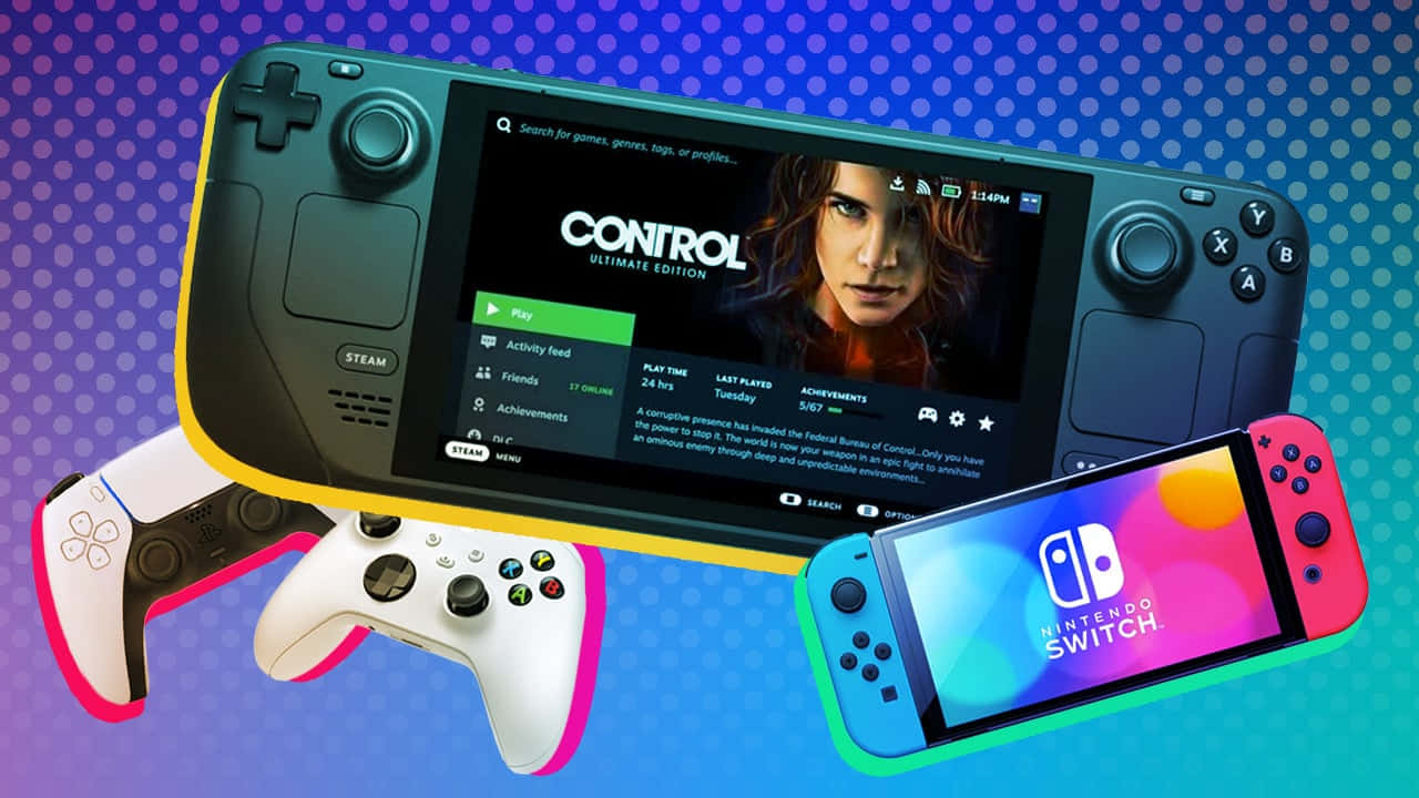  壁紙 — 一幅充滿活力的遊戲主機拼貼畫，包括 Steam Deck、Nintendo Switch 和 PlayStation 控制器，背景為圓點漸變圖案。