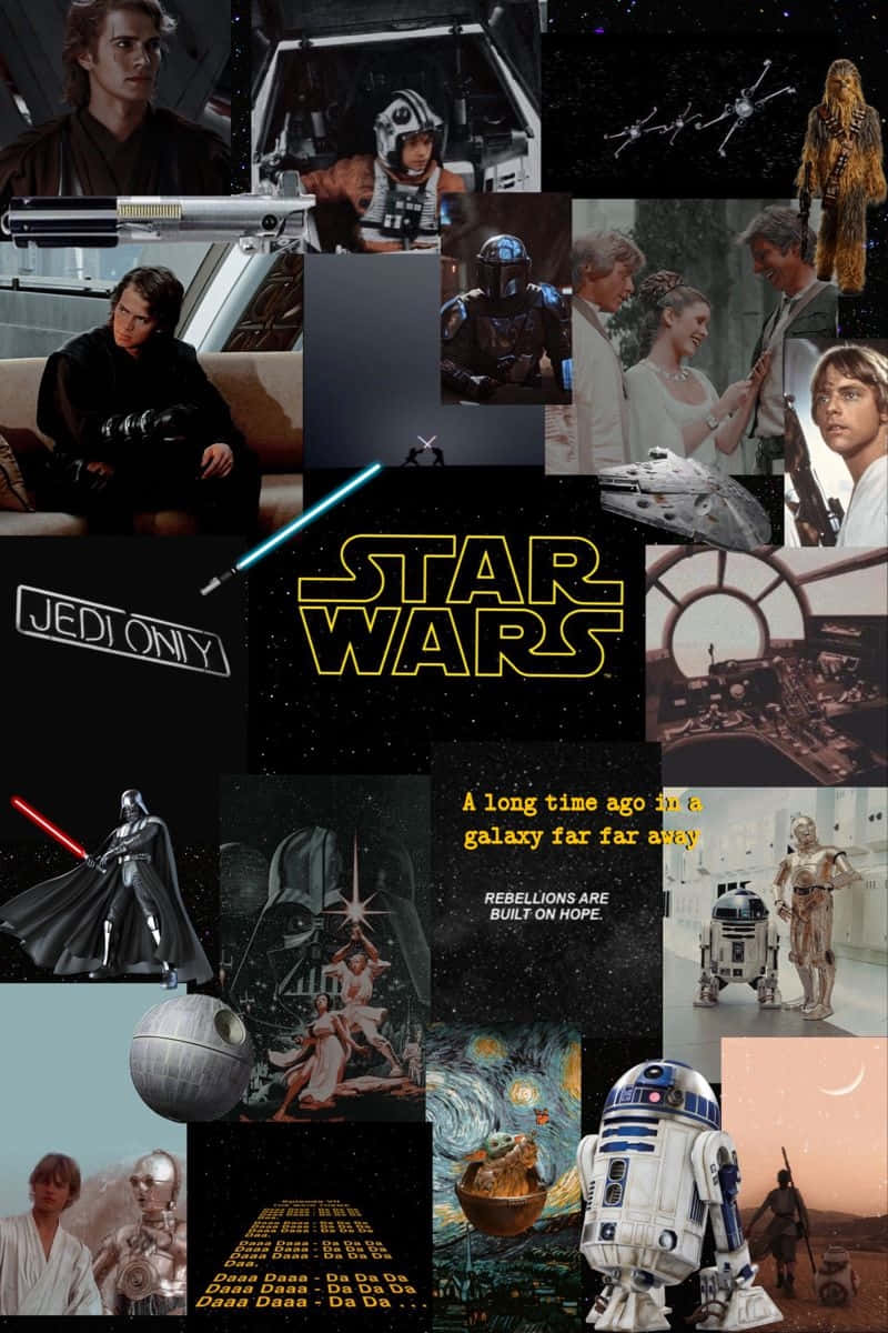 Star Wars Aesthetic 桌布 壁紙 — 一幅充滿活力的拼貼畫，以太空和星空背景為襯，展示標誌性的星際大戰角色、場景和語錄。