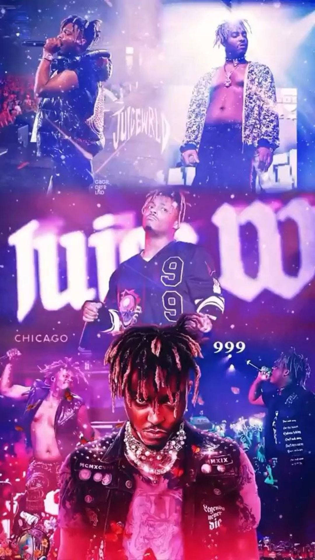 Juice WRLD在音樂會上表演，伴隨著發光的燈光和粗體文字疊加。 — Juice Wrld 壁紙