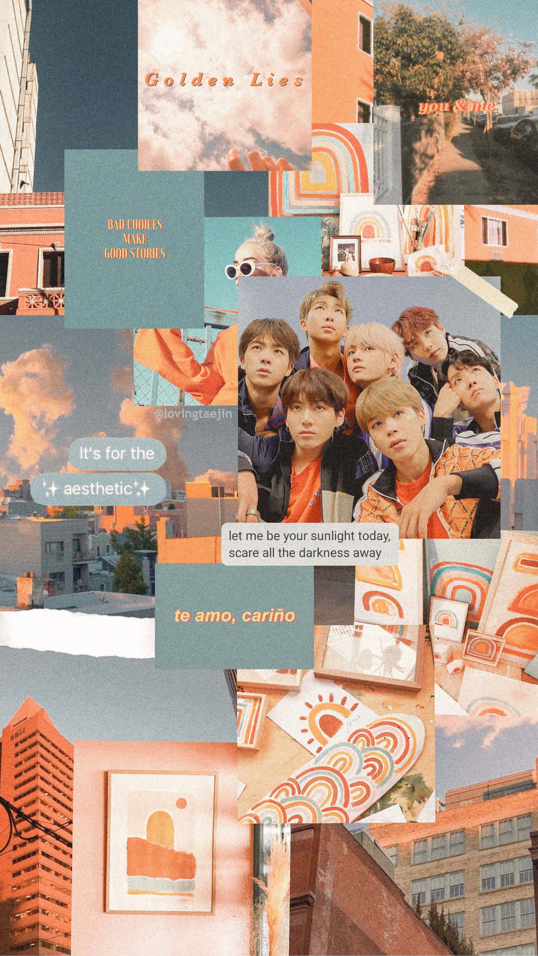 一幅色彩繽紛的拼貼畫， featuring K-pop偶像和城市場景，帶有文字疊加。 — Bts 壁紙